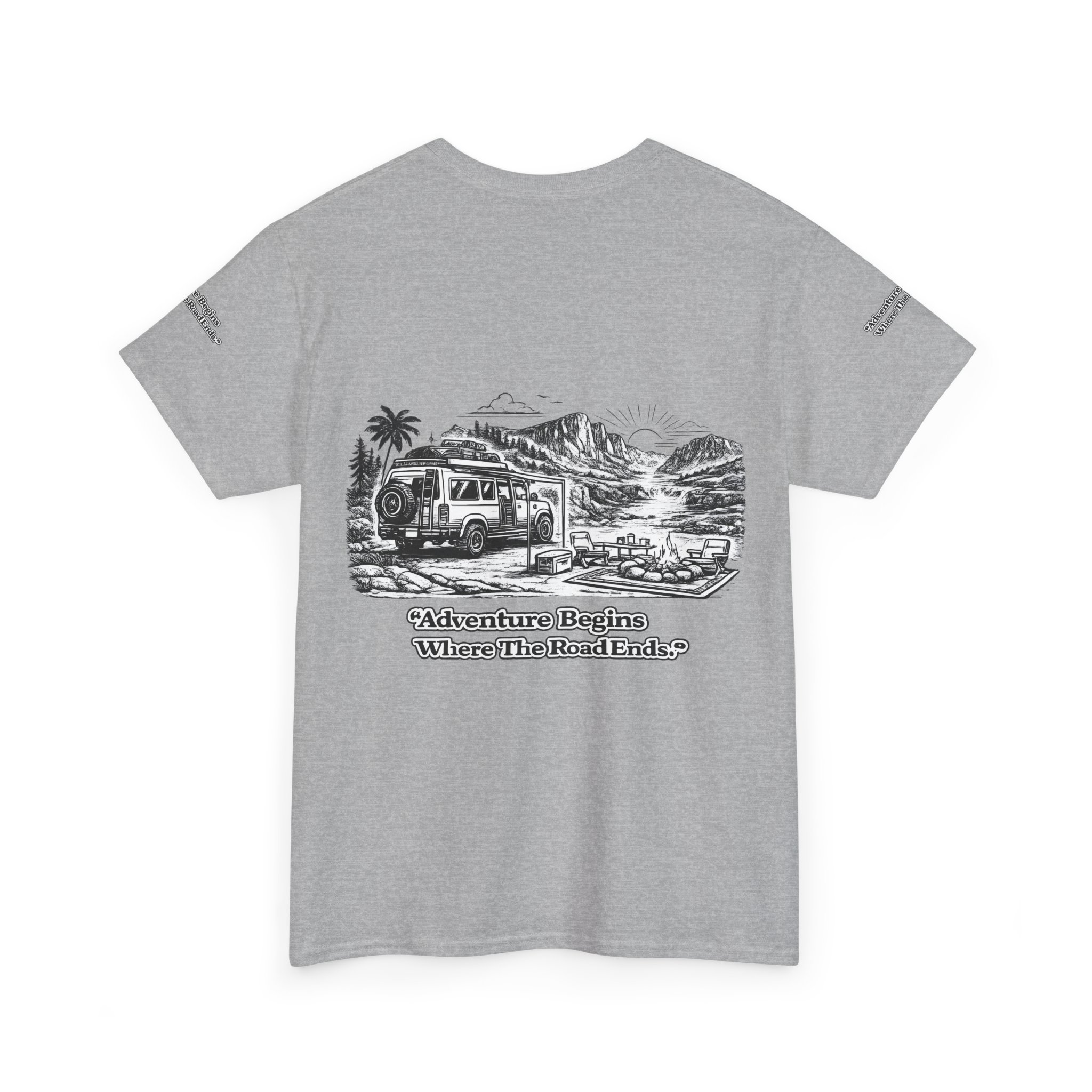 Unisex Heavy Cotton Tee — "Adventure Begins Where The Road Ends" Design Minimal-Line