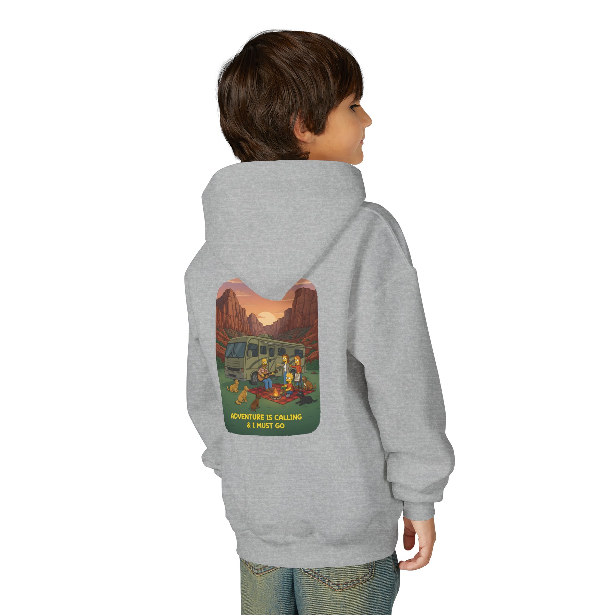 Youth Hoodie(Gildan) – "Adventure Is Calling-I Must Go" (Design Sitcom-Line)