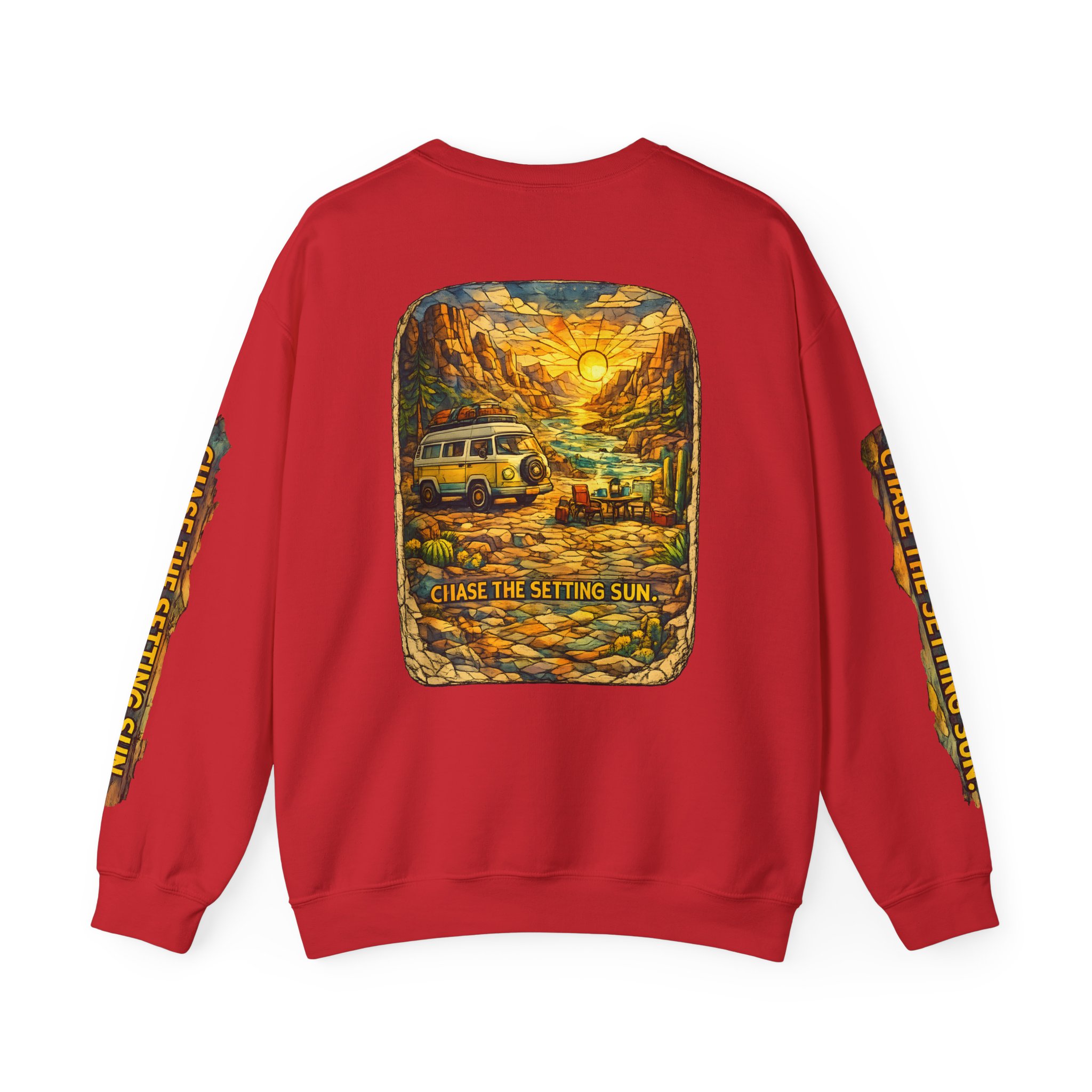 Unisex Heavy Blend™ Crewneck Sweatshirt — "Chase The Settings Sun" Design Cubic-Line