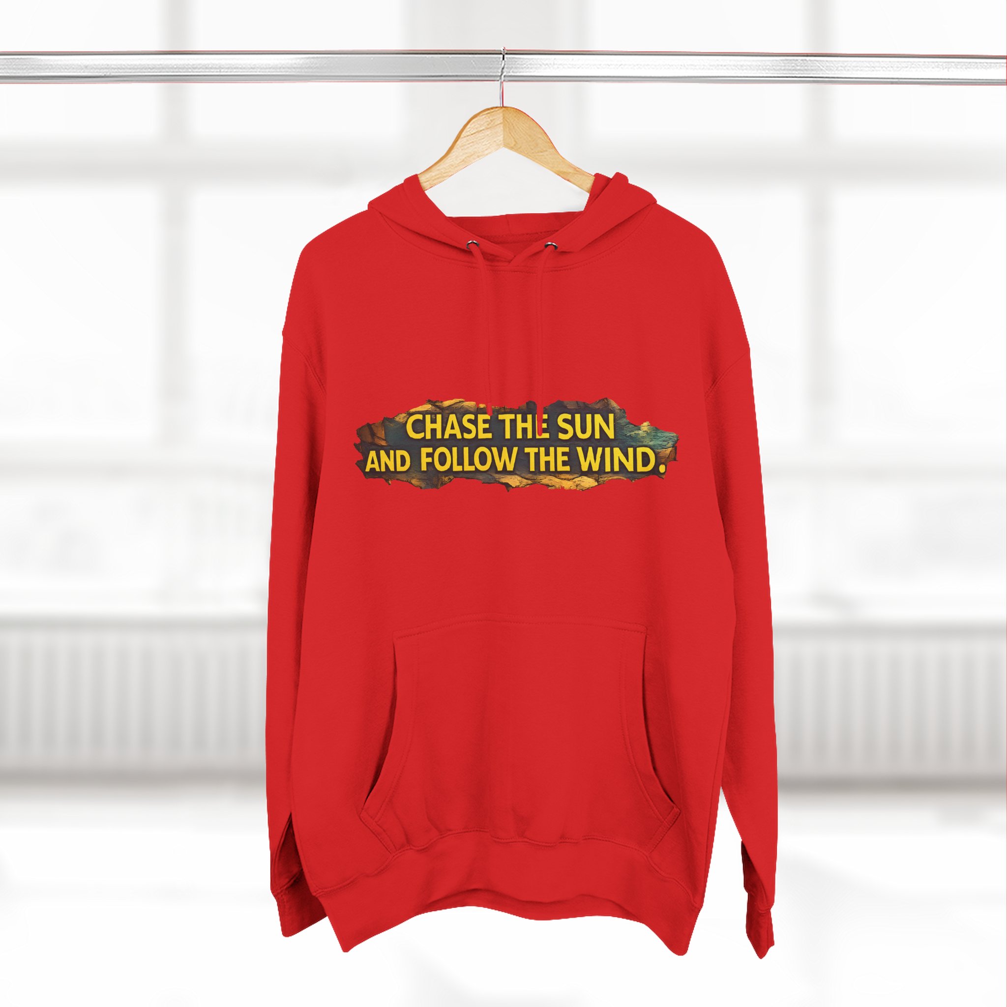 Three-Panel Fleece Hoodie - "Chase The Sun And Follow The Wind" Design Cubic-Line