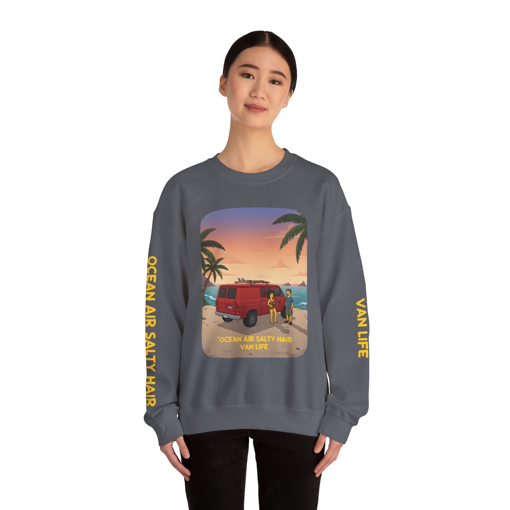 Unisex Heavy Blend™ Crewneck Sweatshirt — "Ocean Air Salty Hair Van Life" Design Sitcom-Line