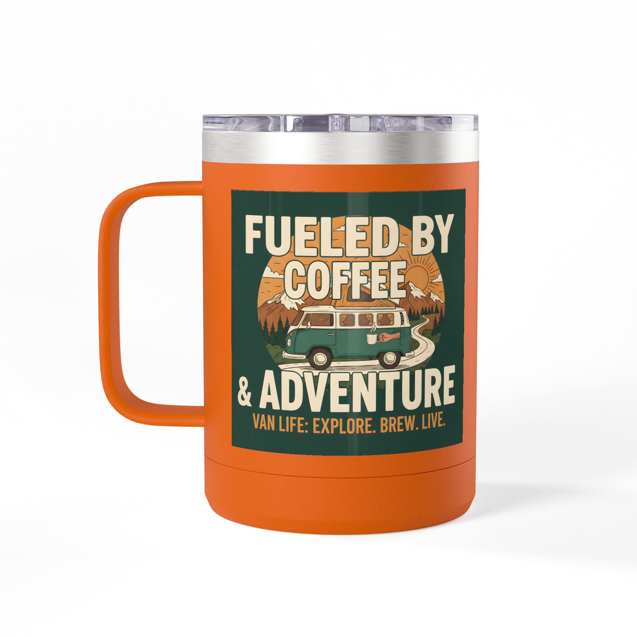 Coffee Mug Tumbler, 15oz — "Fueled by Coffee & Adventure"
