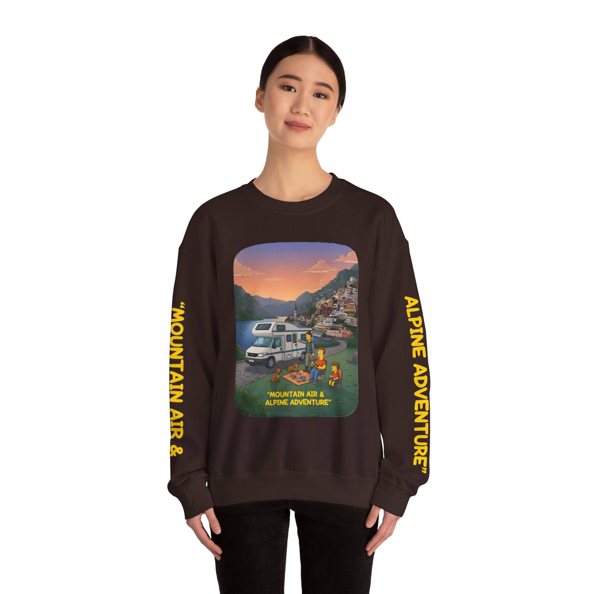 Unisex Heavy Blend™ Crewneck Sweatshirt — "Mountain Air-Alpine Adventure" Design Sitcom-Line