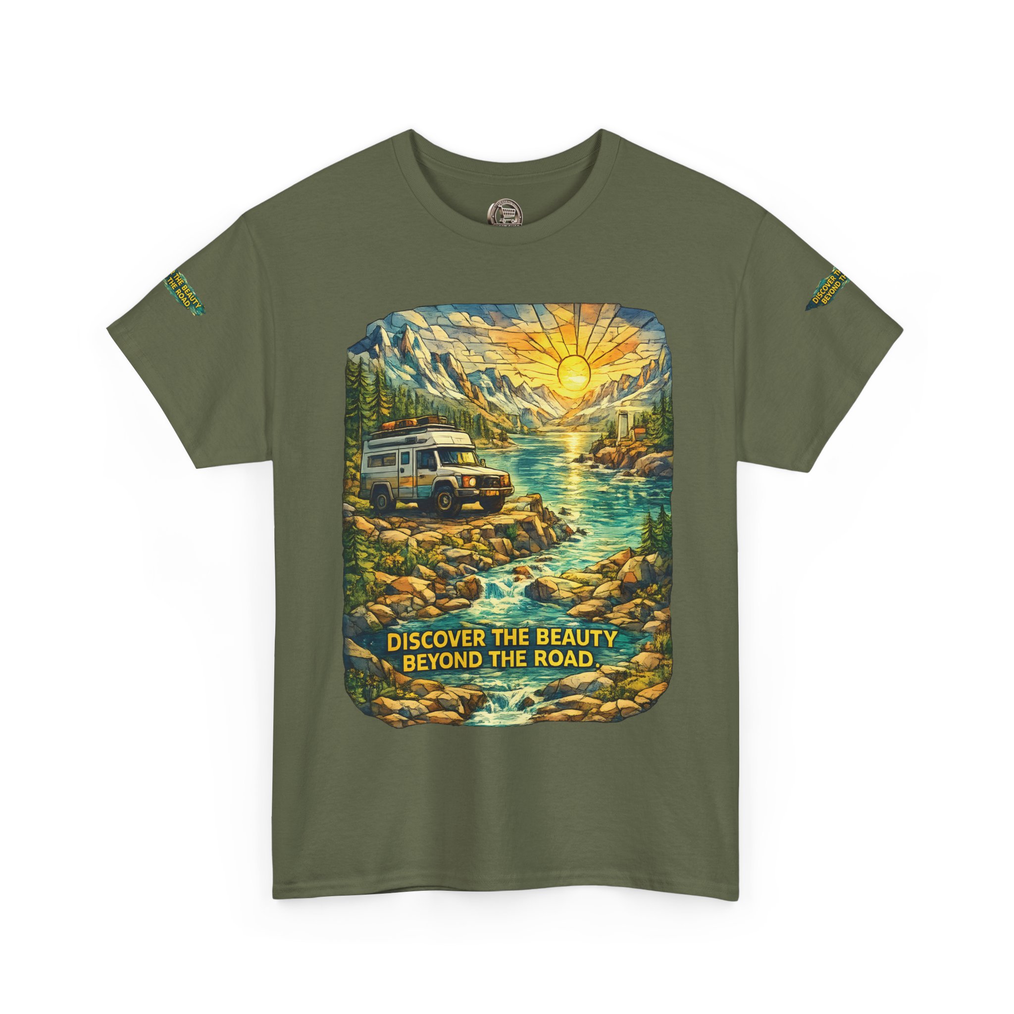 Unisex Heavy Cotton Tee — "Discover The Bieuty Beyond The Road" Design Cubic-Line