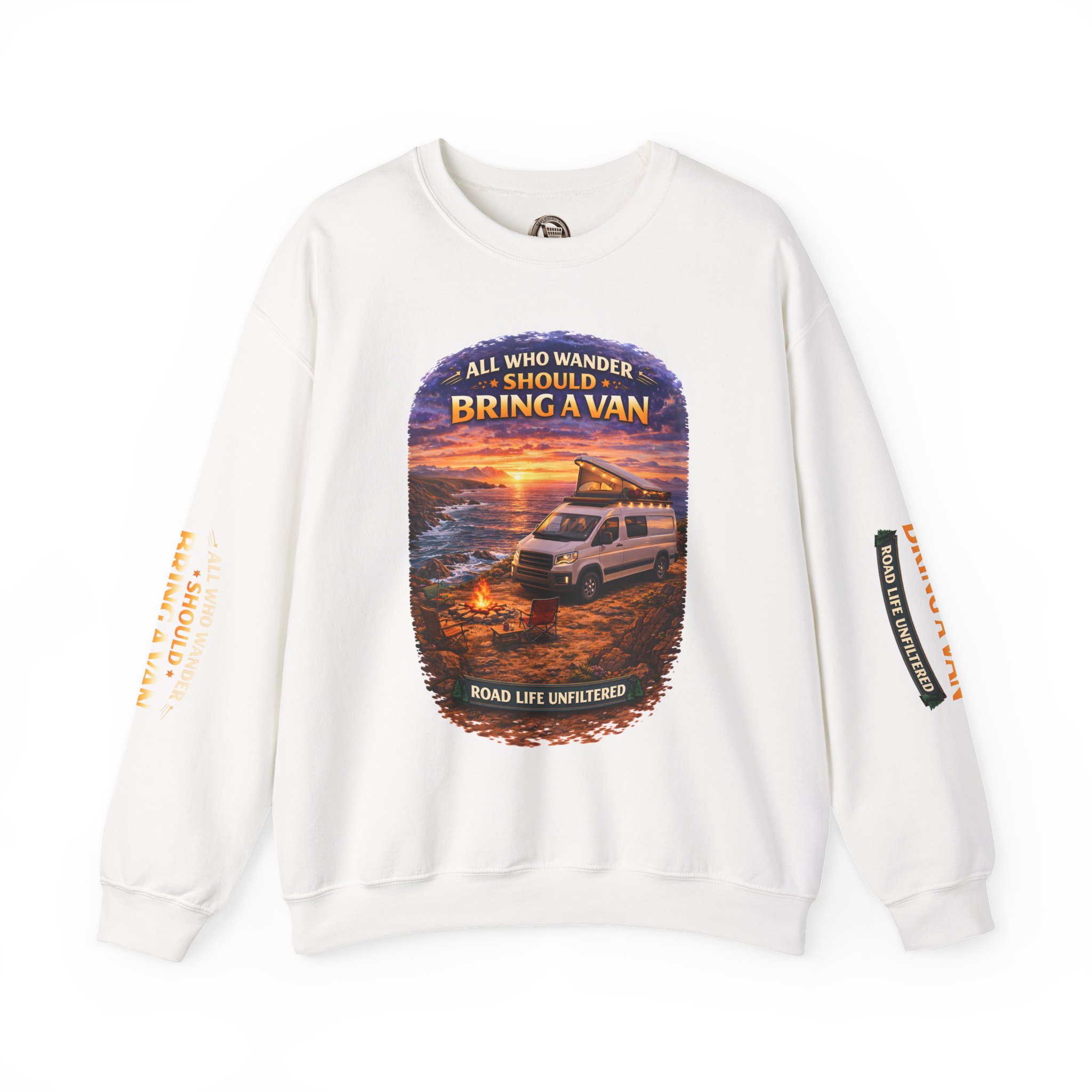 Unisex Heavy Blend™ Crewneck Sweatshirt — "All Who wander Should Bring A Van" Design Scenic-Line
