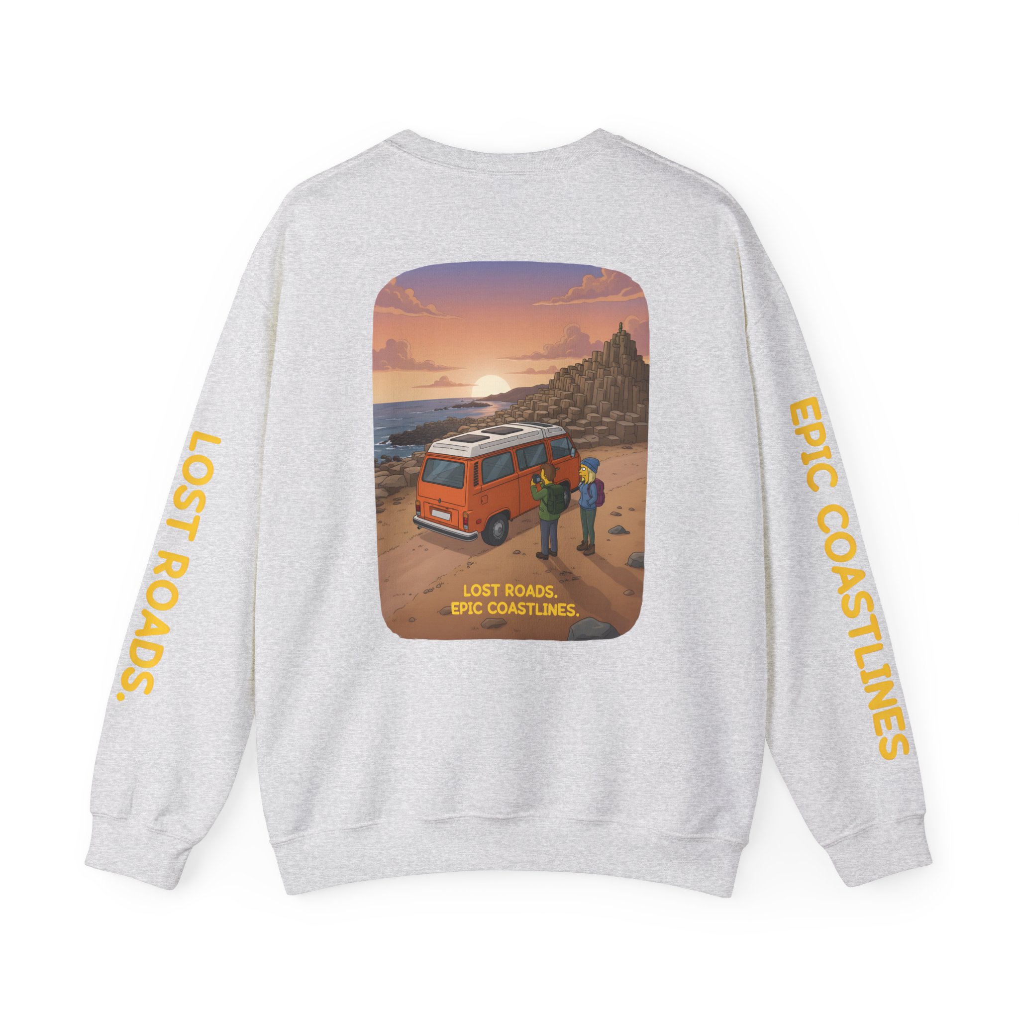 Unisex Heavy Blend™ Crewneck Sweatshirt — "Lost Roads Epic Coastlines" Design Sitcom-Line
