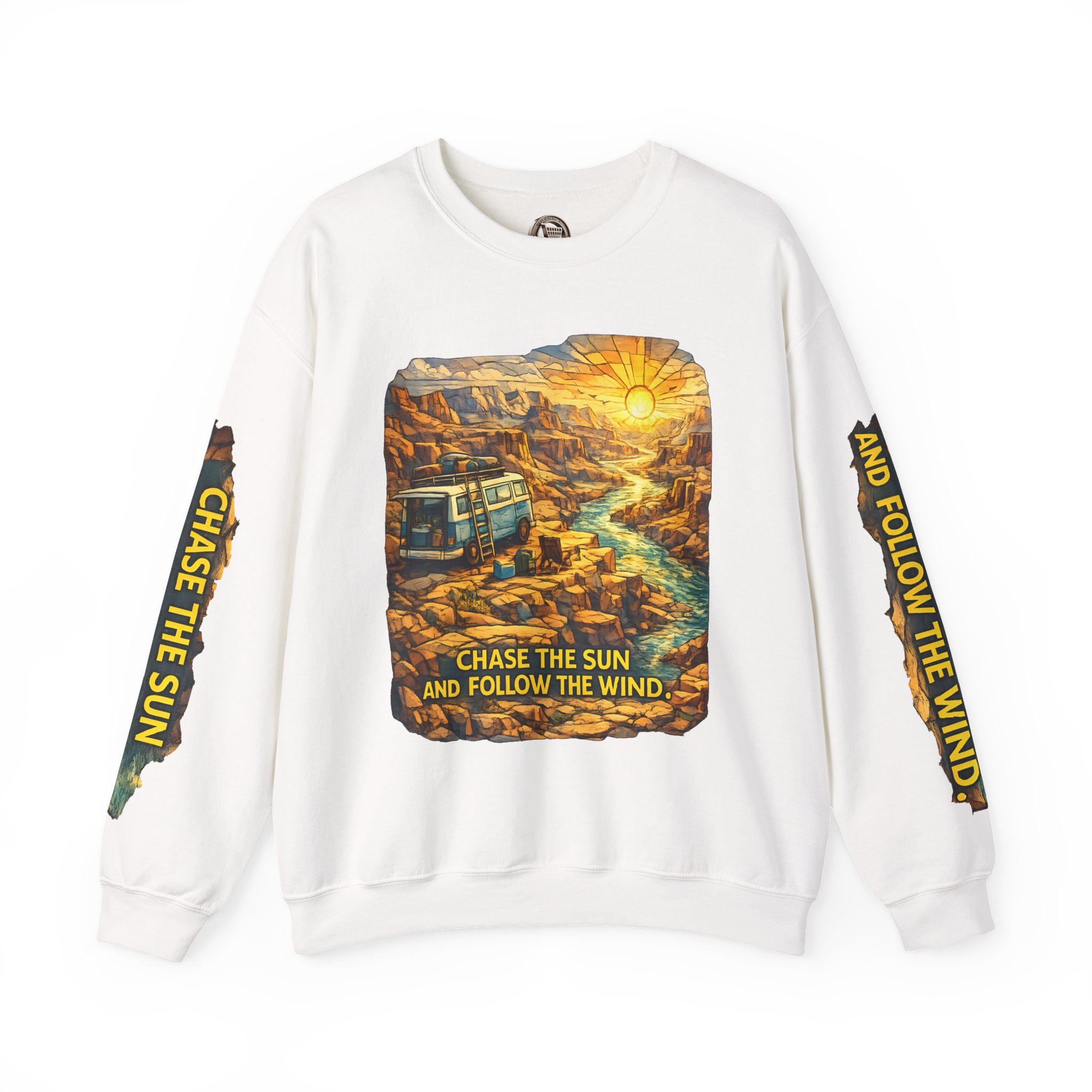 Unisex Heavy Blend™ Crewneck Sweatshirt — "Chase The Sun And Follow The Wind" Design Cubic-Line