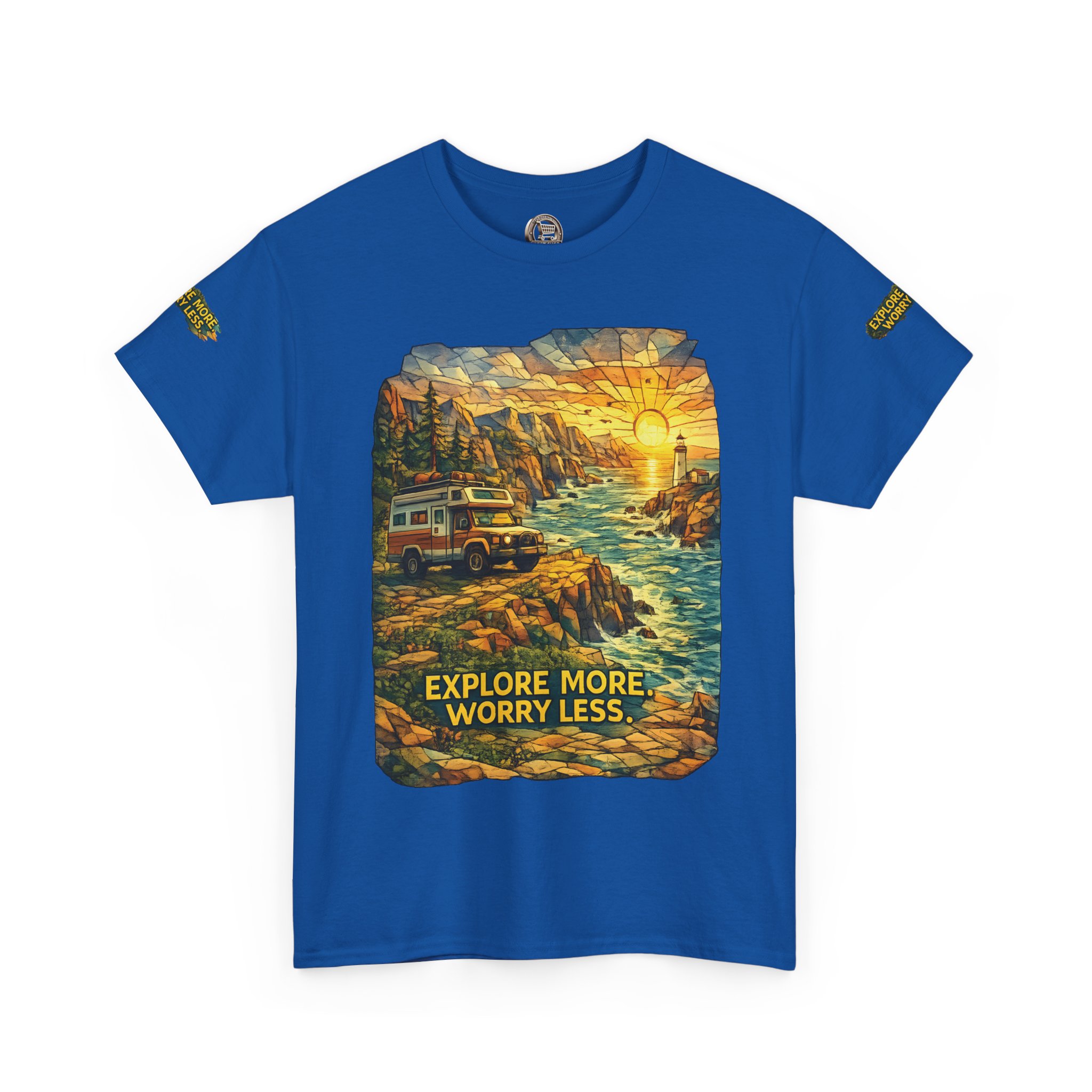 Unisex Heavy Cotton Tee — "Explore More Worry Less" Design Cubic-Line