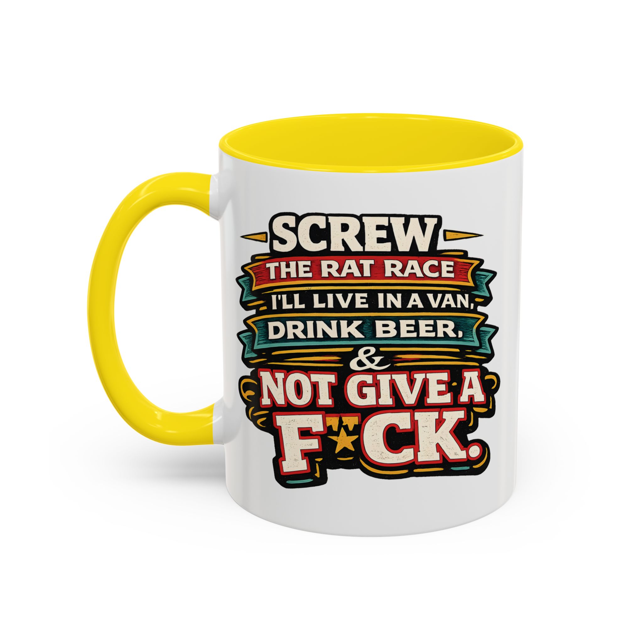 Accent Coffee Mug (11, 15oz) — "Screw The Rat Race" Design F**K-Line
