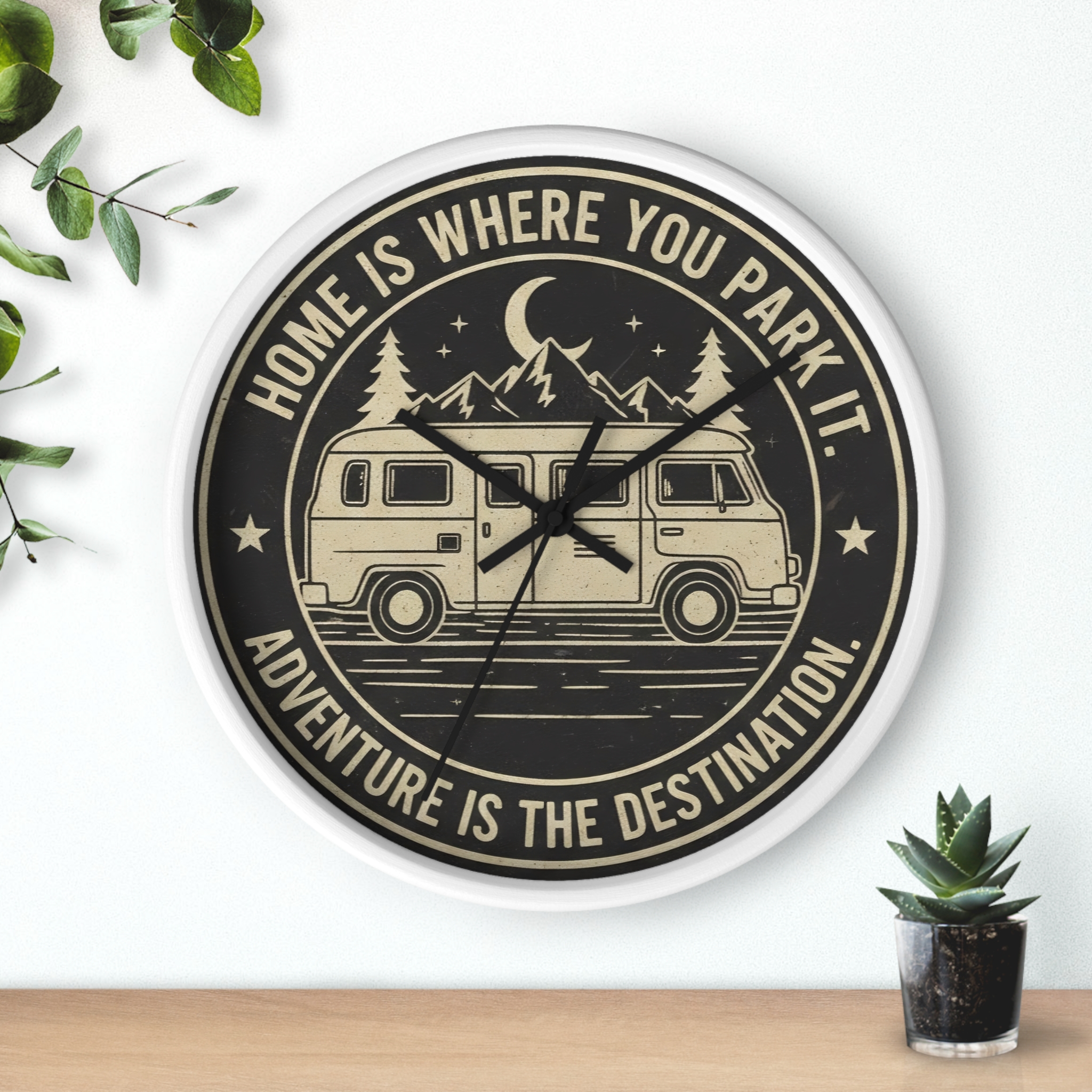 Wall Clock — "Home Is Where You Park It-Adventure is the destination" Camper Van Mountain Travel Timepiece