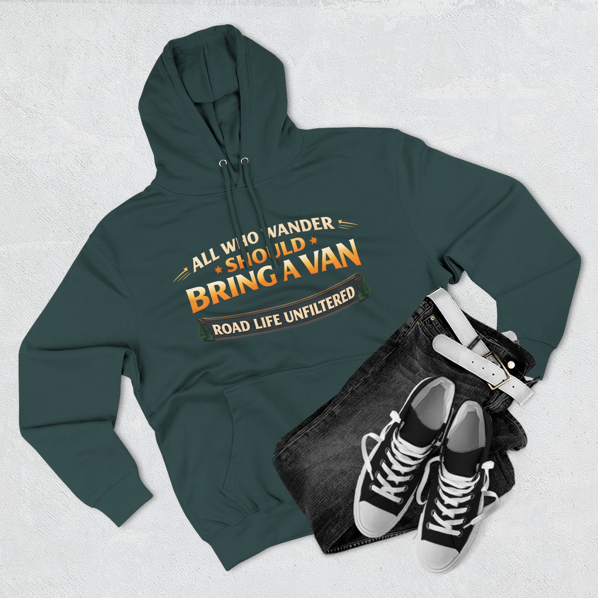 Three-Panel Fleece Hoodie - "All Who wander Should Bring A Van" Design Scenic-Line