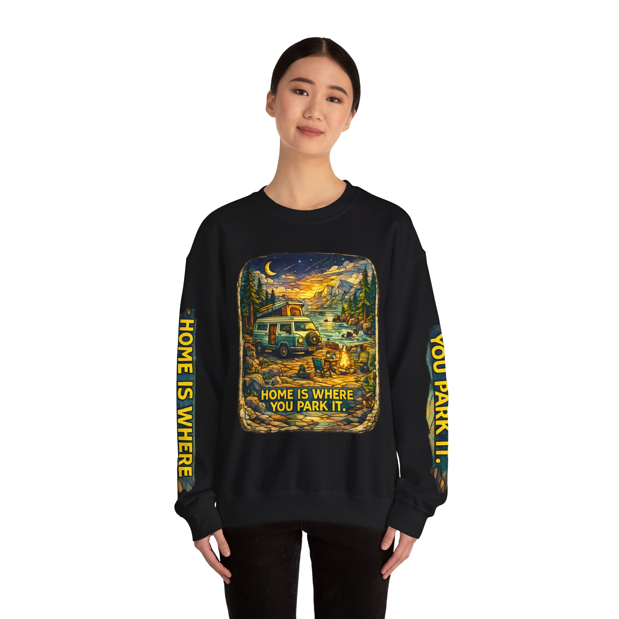 Unisex Heavy Blend™ Crewneck Sweatshirt — "Home Is Where You Park It" Design Cubic-Line