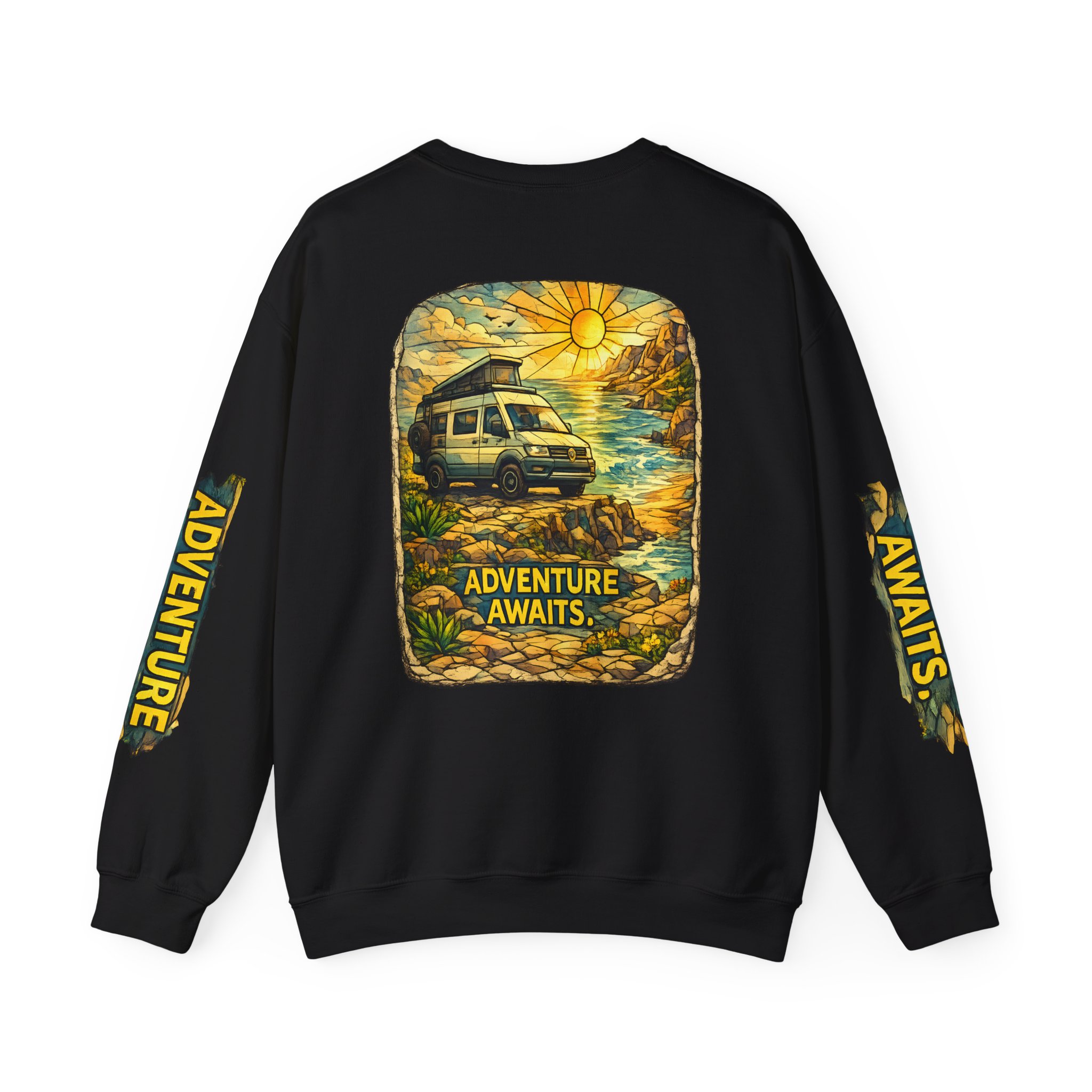 Unisex Heavy Blend™ Crewneck Sweatshirt — "Adventure Awaits" Design Cubic-Line