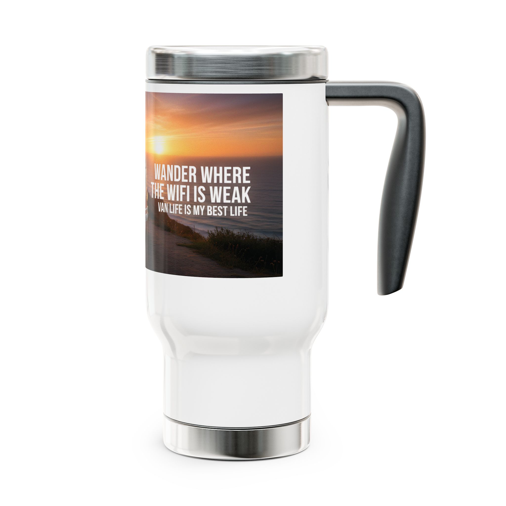 Stainless Steel Travel Mug with Handle, 14oz - "Wander where the wifi is weak"