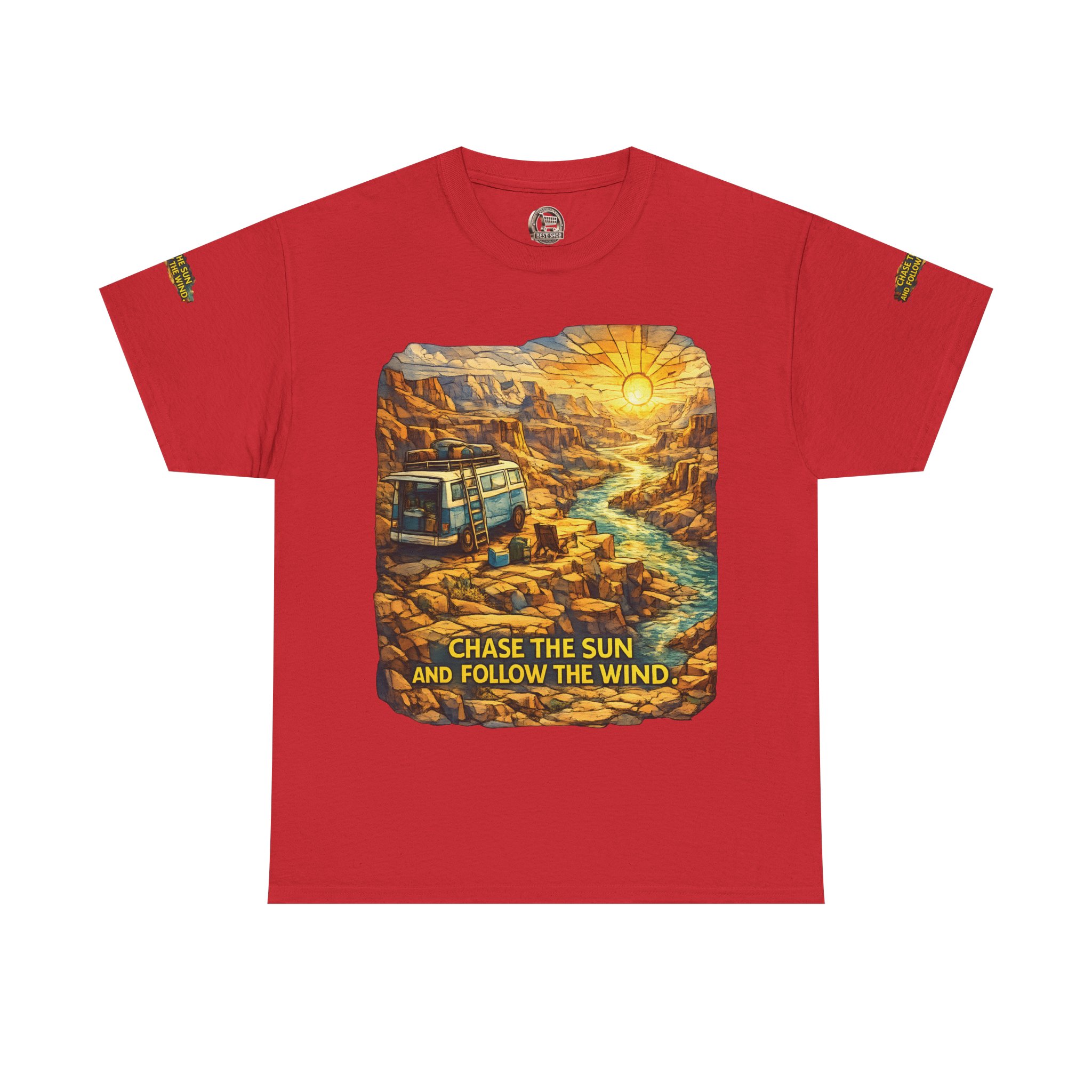17413949922105453661_2048.jpeg Unisex Heavy Cotton Tee — "Chase The Sun And Follow The Wind" Design Cubic-Line