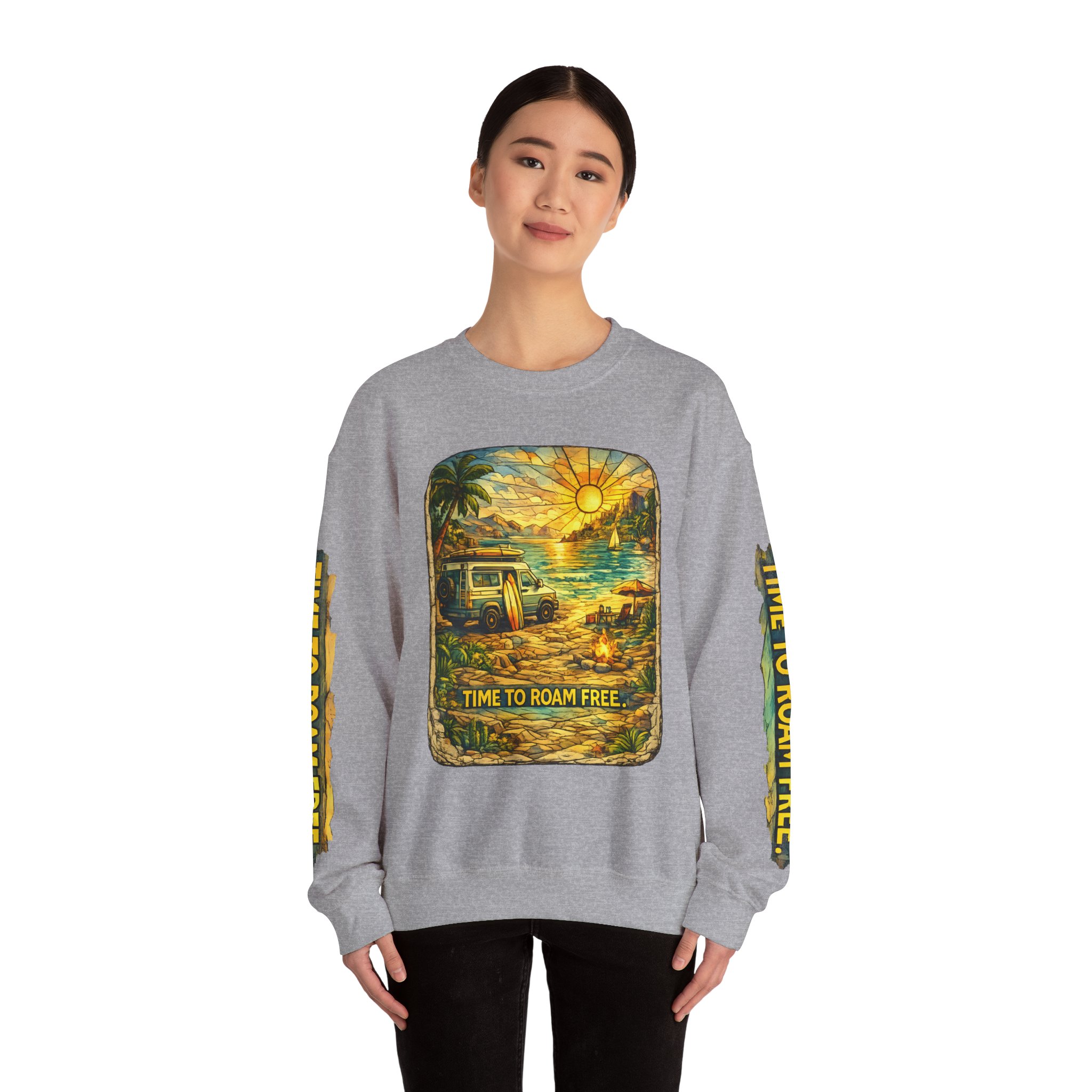 Unisex Heavy Blend™ Crewneck Sweatshirt — "Time To Roam Free" Design Cubic-Line