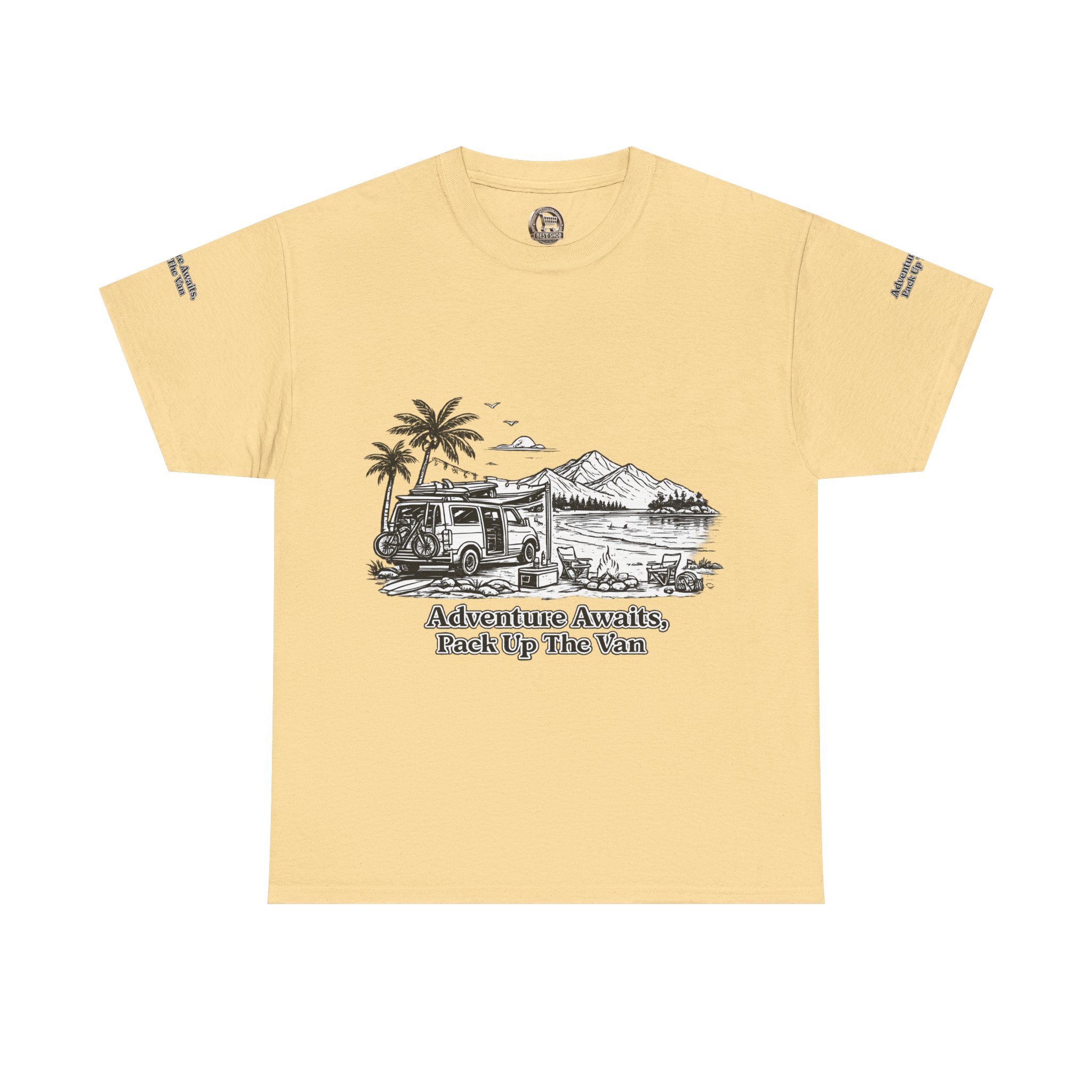 Unisex Heavy Cotton Tee — "Adventure Awaits,Pack Up The Van" Design Minimal-Line