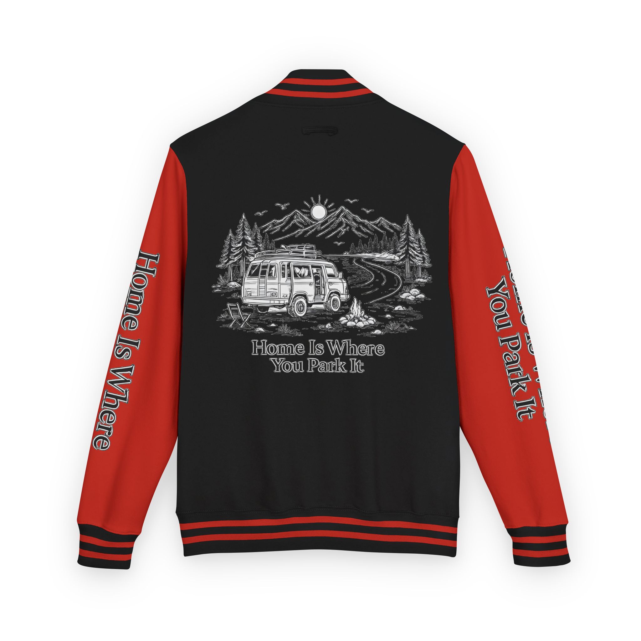 Unisex Heavyweight Letterman Jacket — "Home Is Where You Park It" Travel Varsity Coat