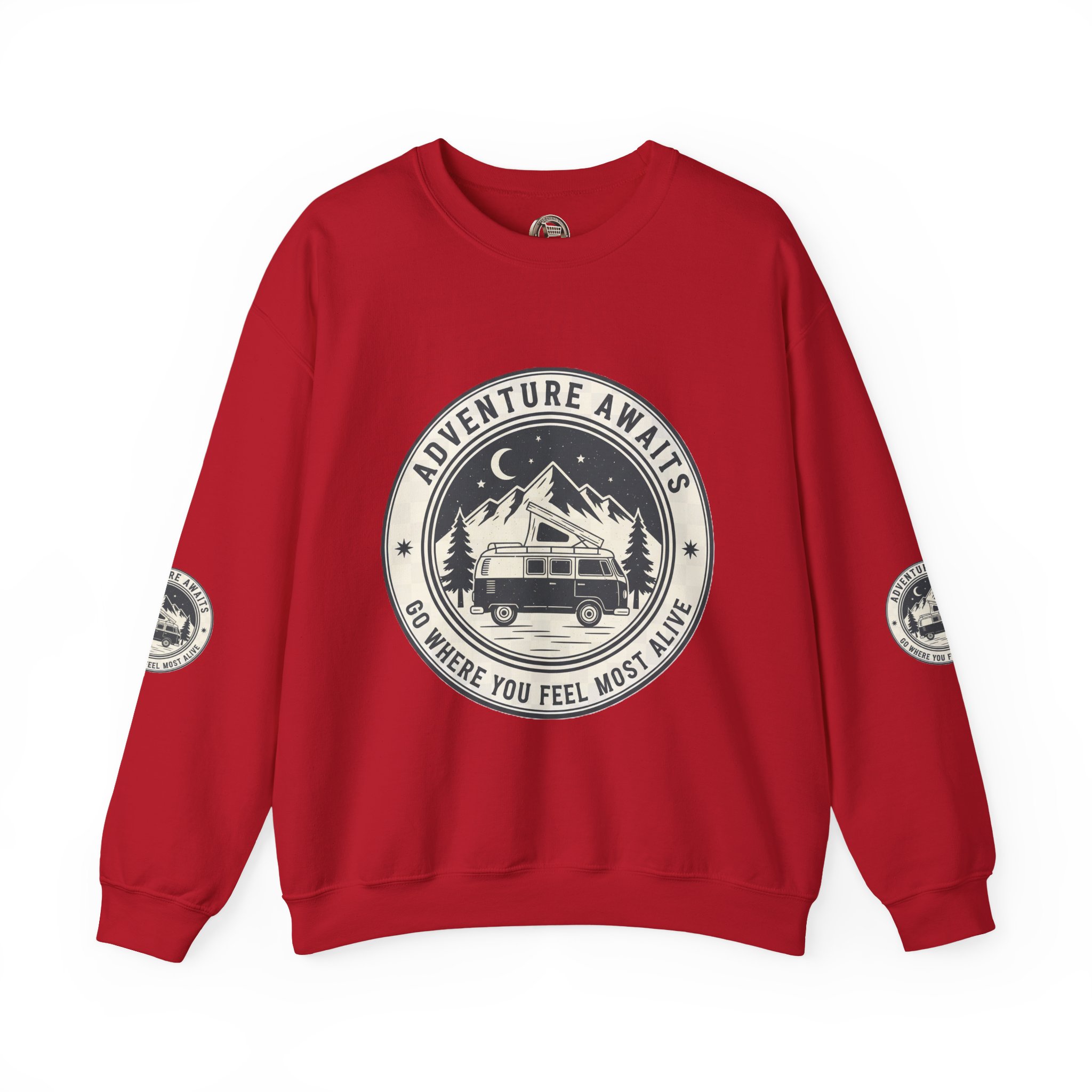 17434587599898942661_2048.jpeg Crewneck Sweatshirt — "Adventure Awaits-Go Where You Feel Most Alive" (Font + Back + Sleaves printed) Vintage Camper Van Outdoor Graphic