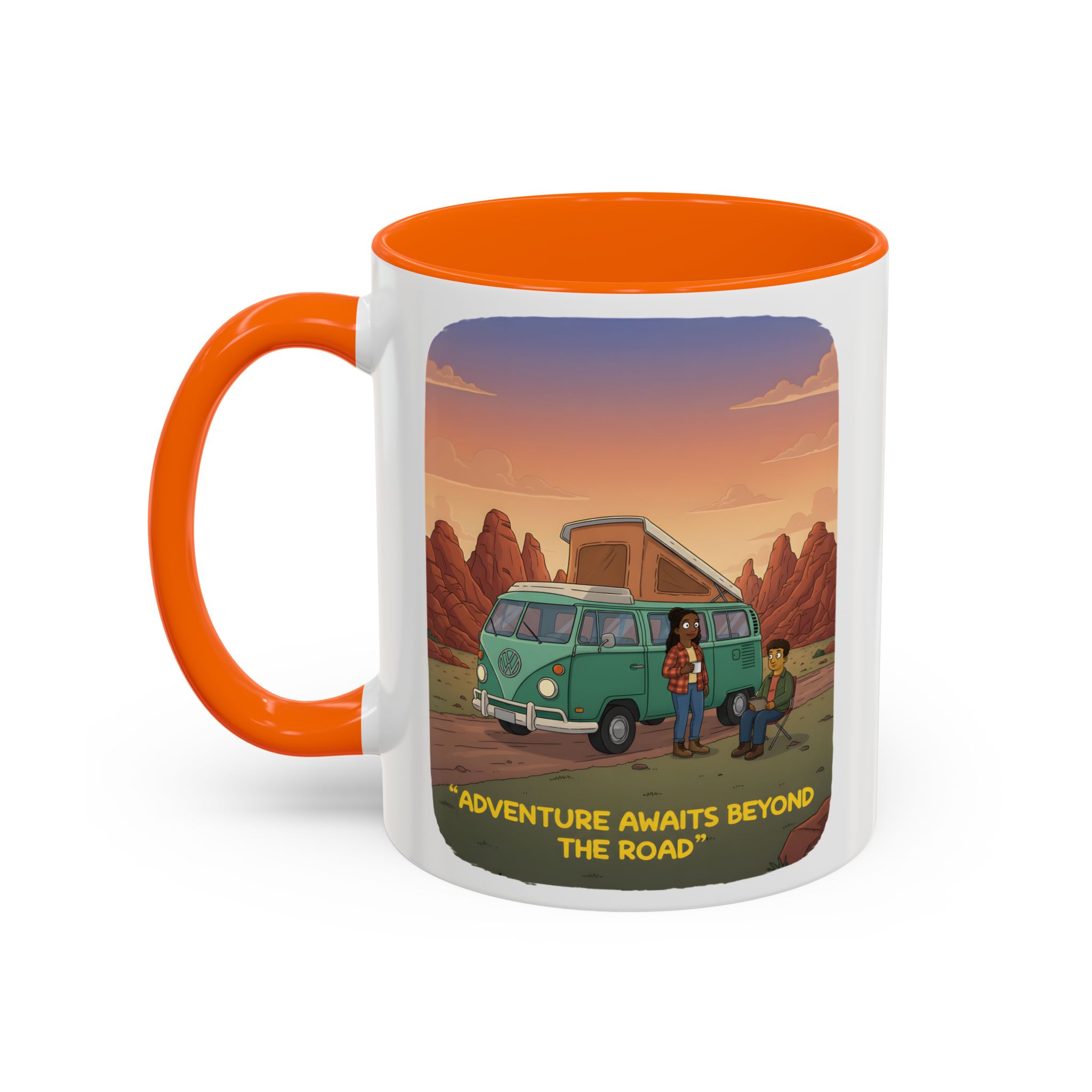 Accent Coffee Mug (11, 15oz) — "Adventure Awaits Beyond The Road" Design Sitcom-Line