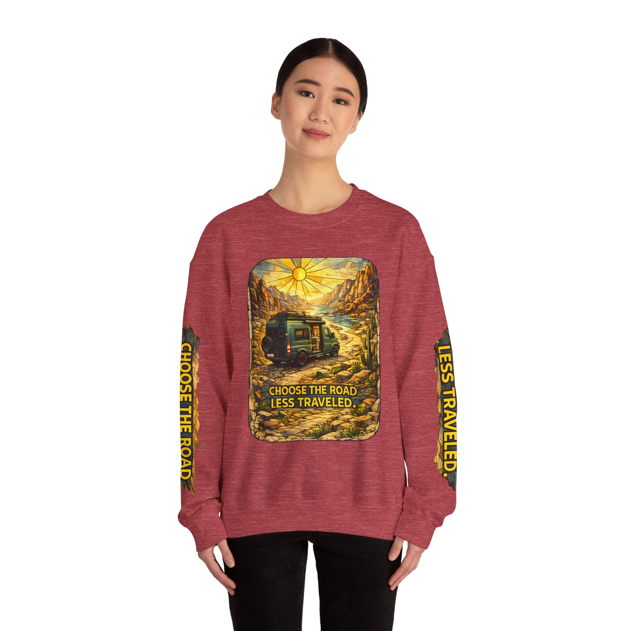 Unisex Heavy Blend™ Crewneck Sweatshirt — "Choose The Road Less Traveled" Design Cubic-Line