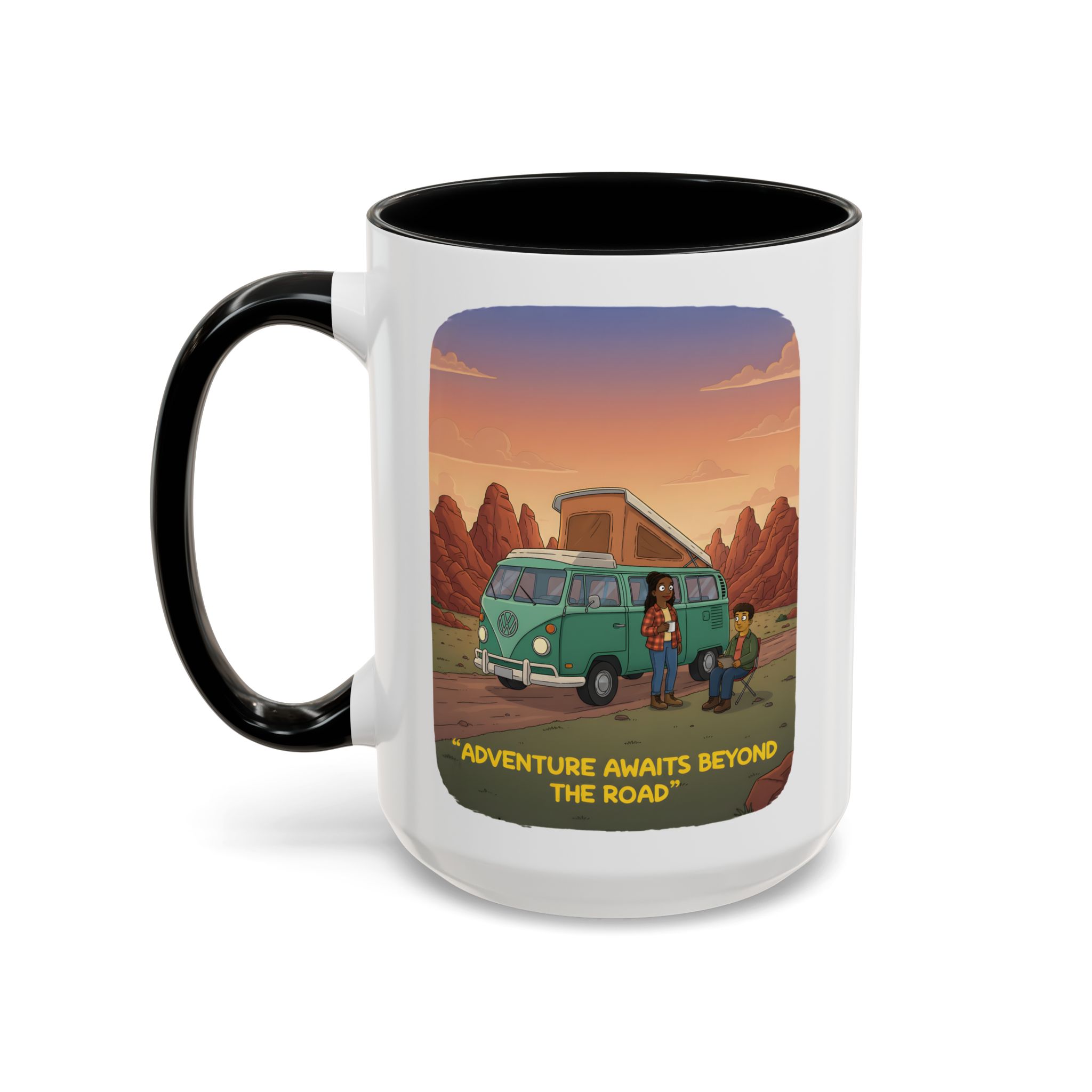 Accent Coffee Mug (11, 15oz) — "Adventure Awaits Beyond The Road" Design Sitcom-Line