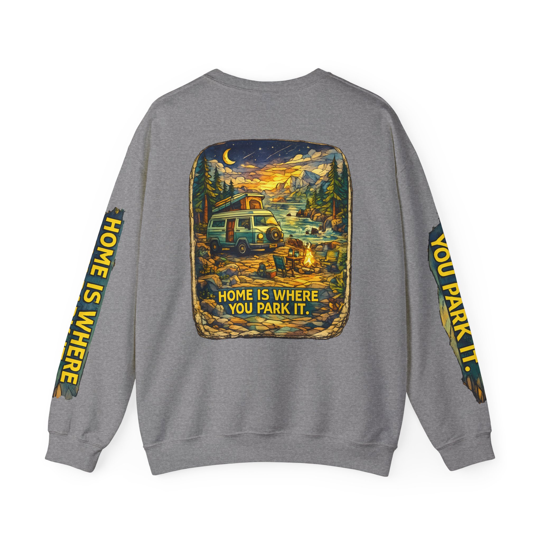 Unisex Heavy Blend™ Crewneck Sweatshirt — "Home Is Where You Park It" Design Cubic-Line