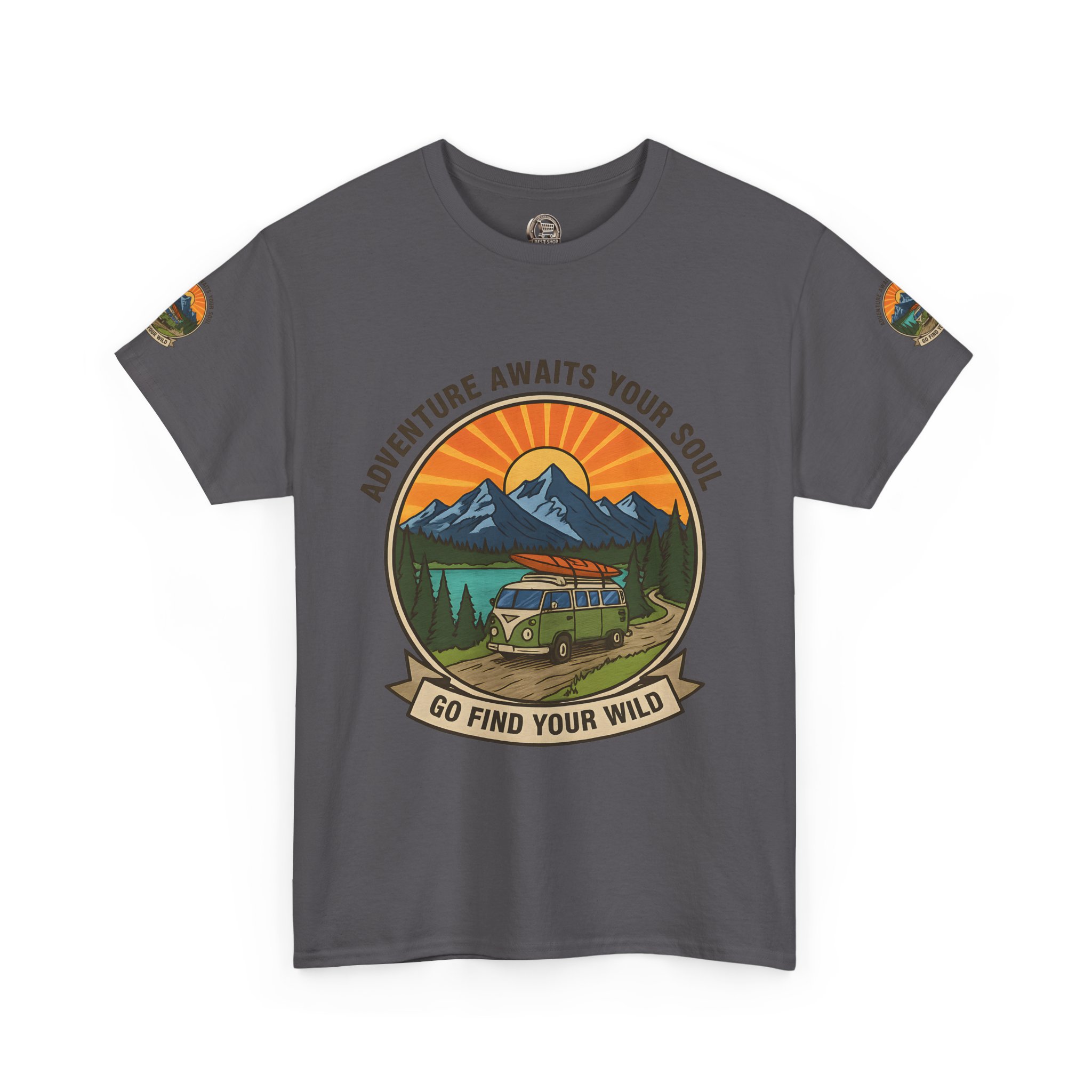 Unisex Heavy Cotton Tee — “Adventure Awaits Your Soul: Go Find Your Wild” Van & Mountain Graphic