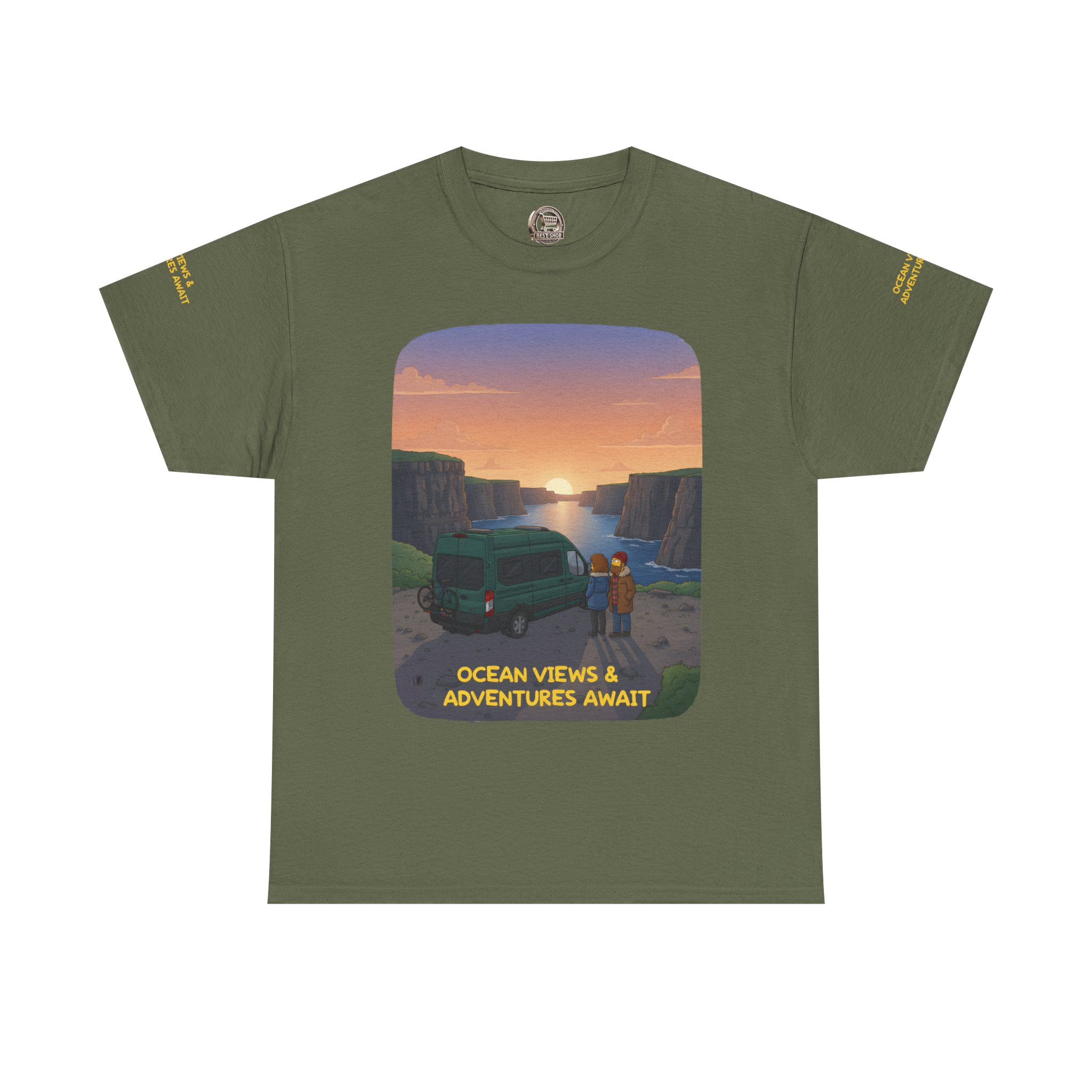 Unisex Heavy Cotton Tee — "Ocean Views-Adventures Awaits" Design Sitcom-Line
