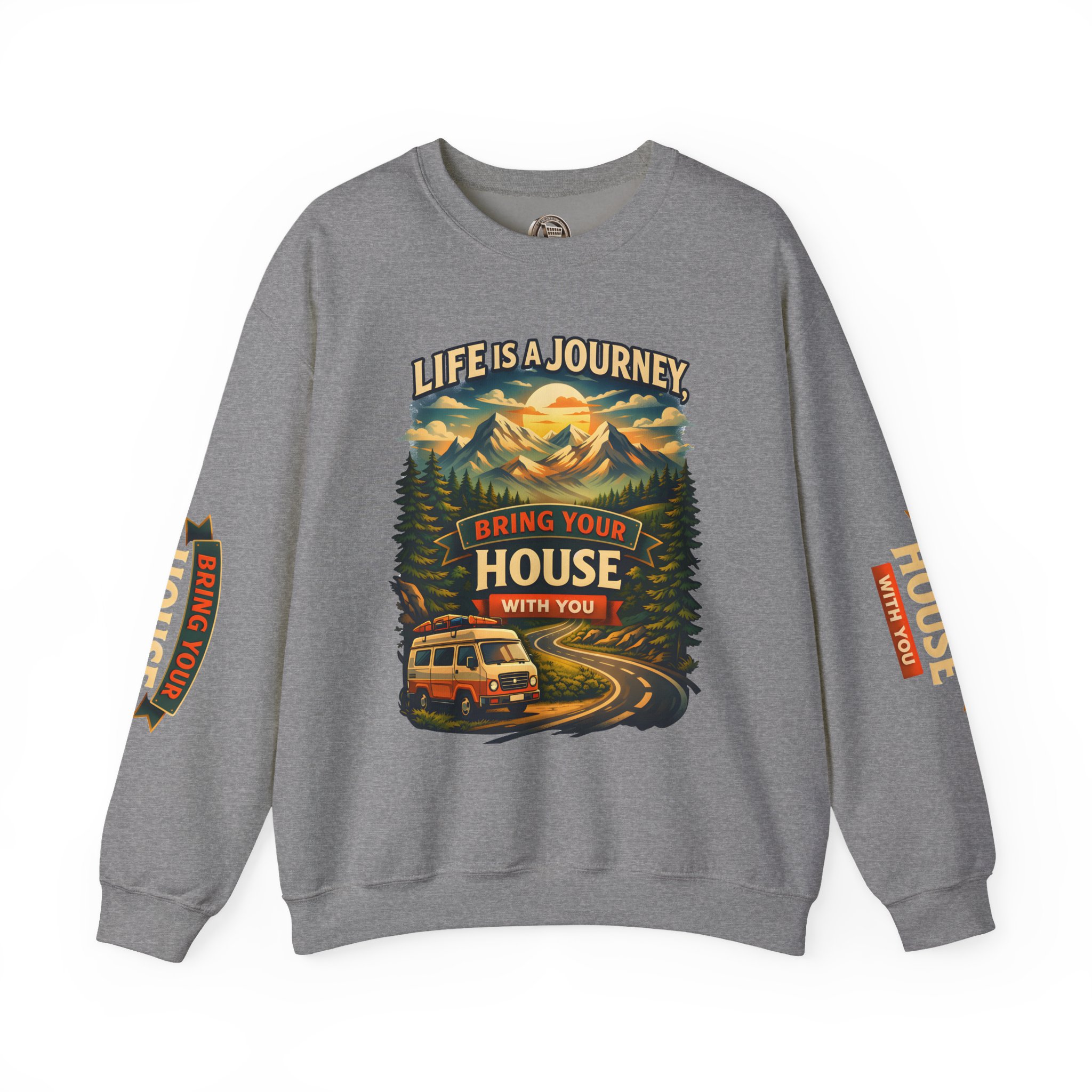 Unisex Heavy Blend™ Crewneck Sweatshirt — "Live Is A Journey-Bring Your House With You" Design Scenic-Line