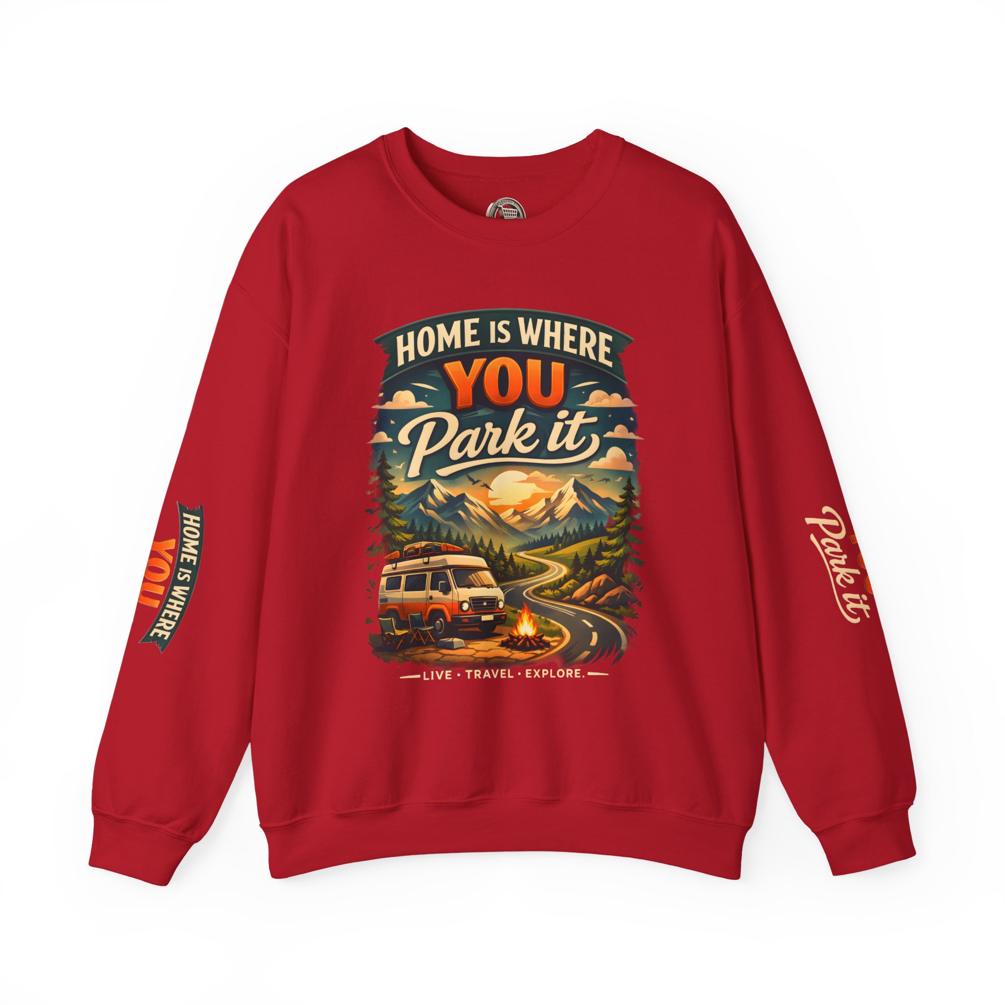 Unisex Heavy Blend™ Crewneck Sweatshirt — "Home Is Where You Park It" Design Scenic-Line