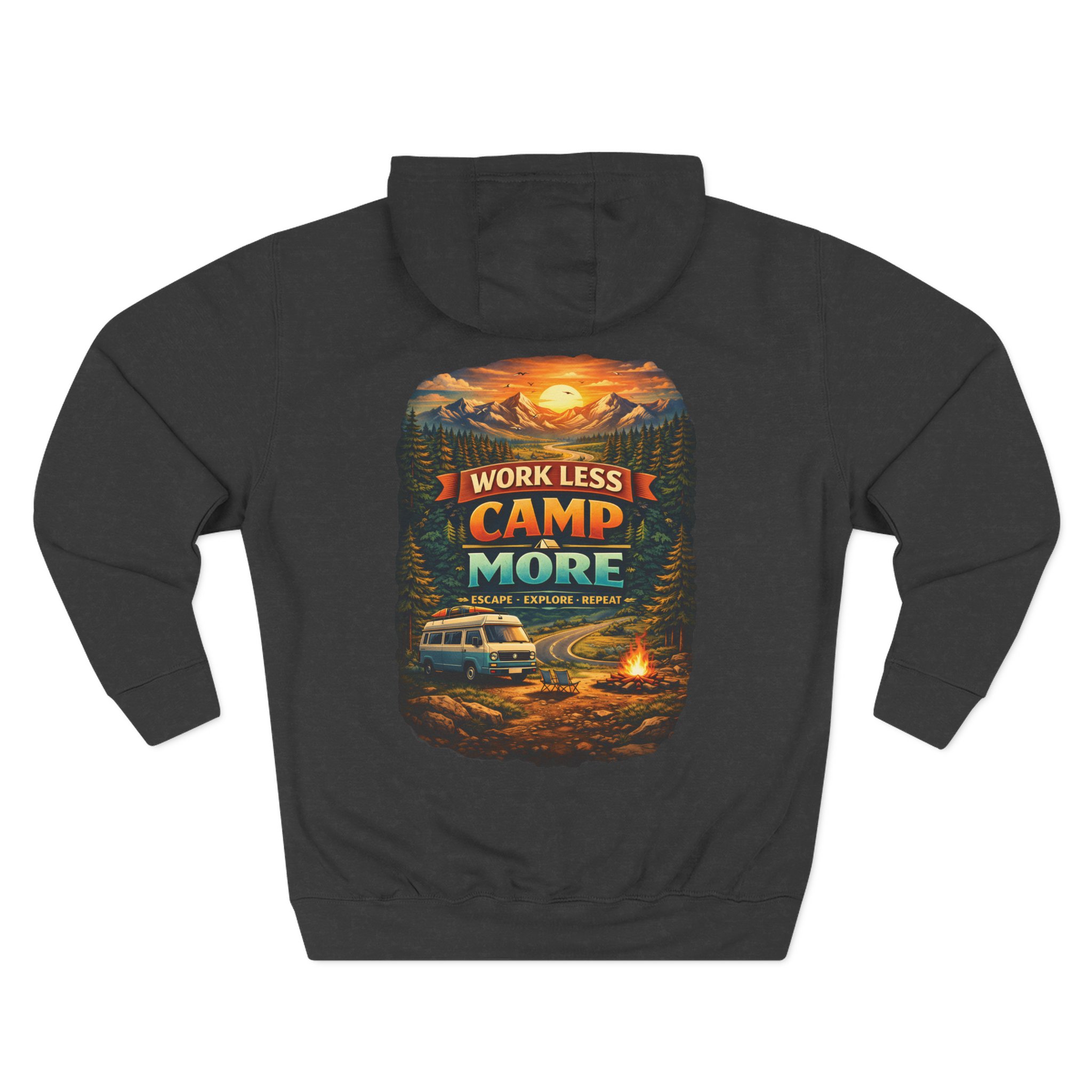 Three-Panel Fleece Hoodie - "Work Less-Camp More" Design Scenic-Line