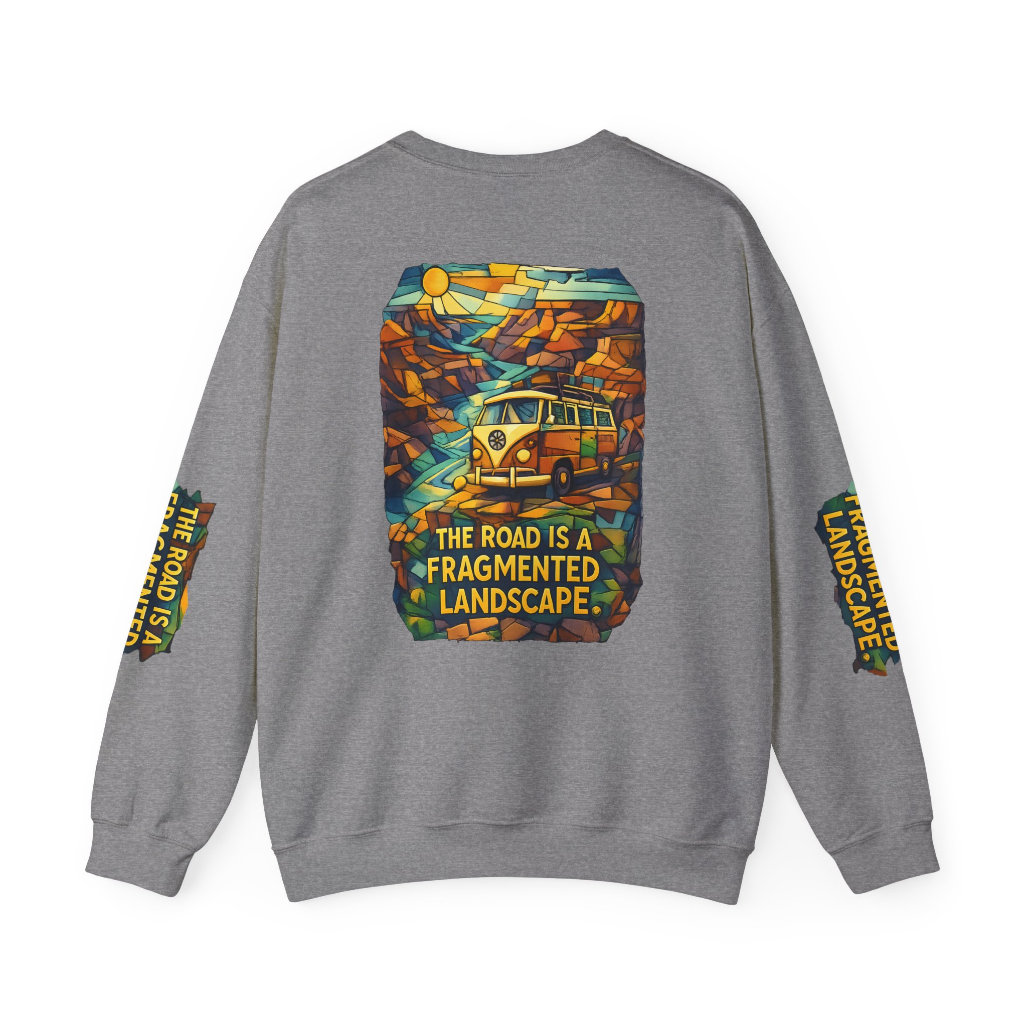 Unisex Heavy Blend™ Crewneck Sweatshirt — "The Road Is A Fragmented Landscape" Design Cubic-Line