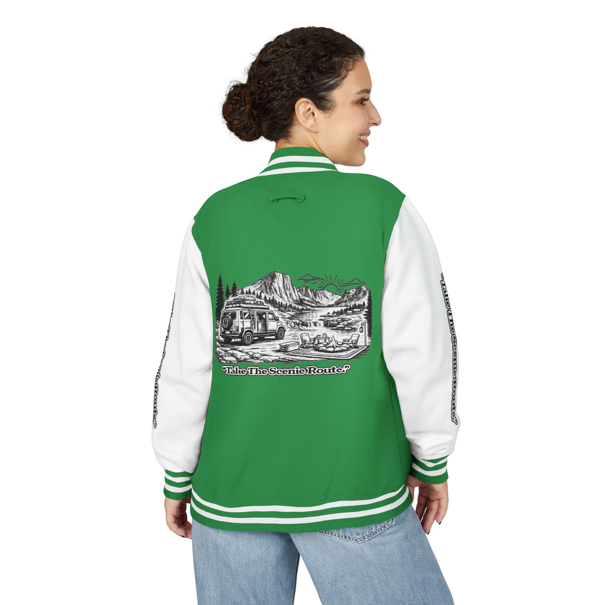 Unisex Heavyweight Letterman Jacket — "Take The Scenic Route" Travel Varsity Coat