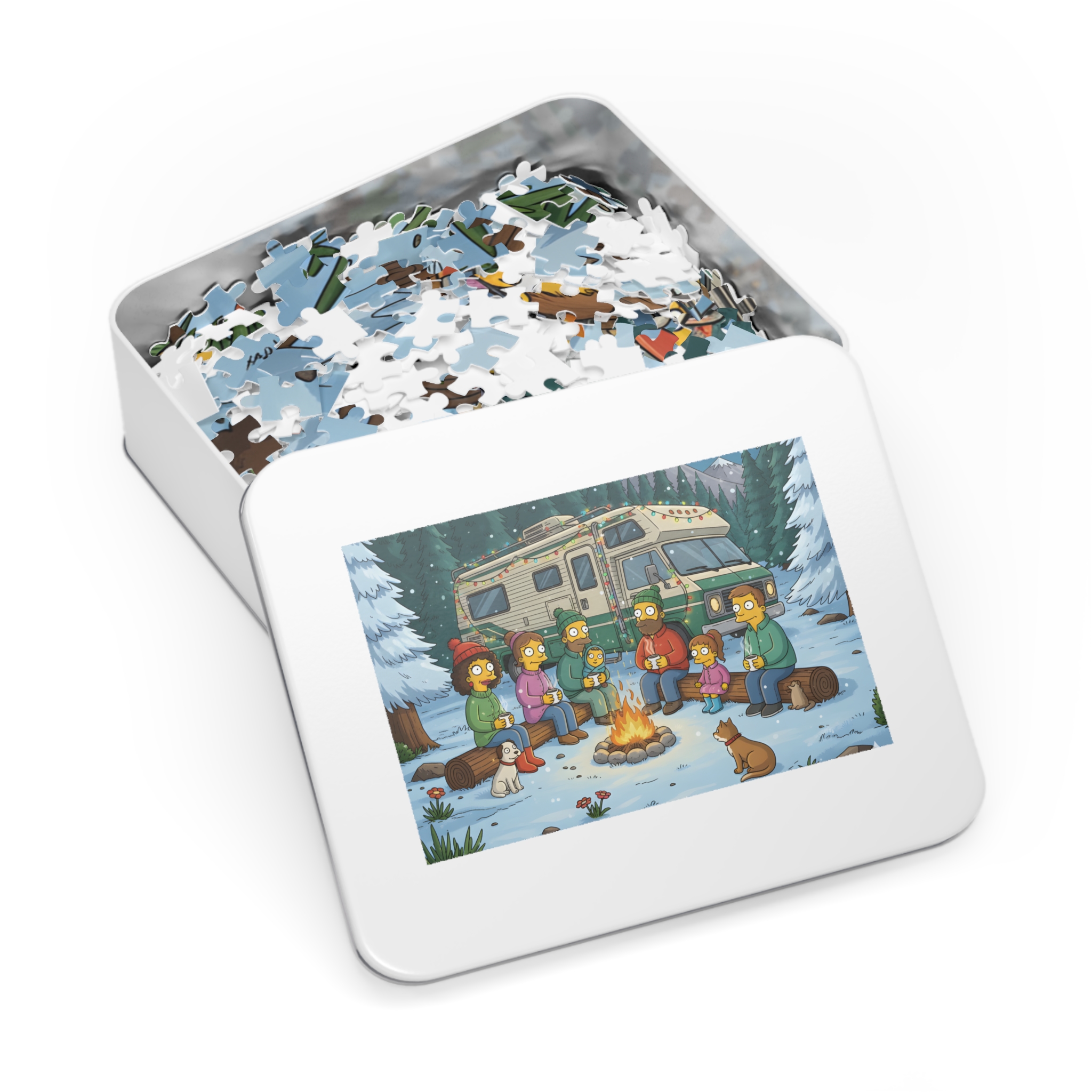 Jigsaw Puzzle with Tin — Cozy RV Winter Scene with Campfire