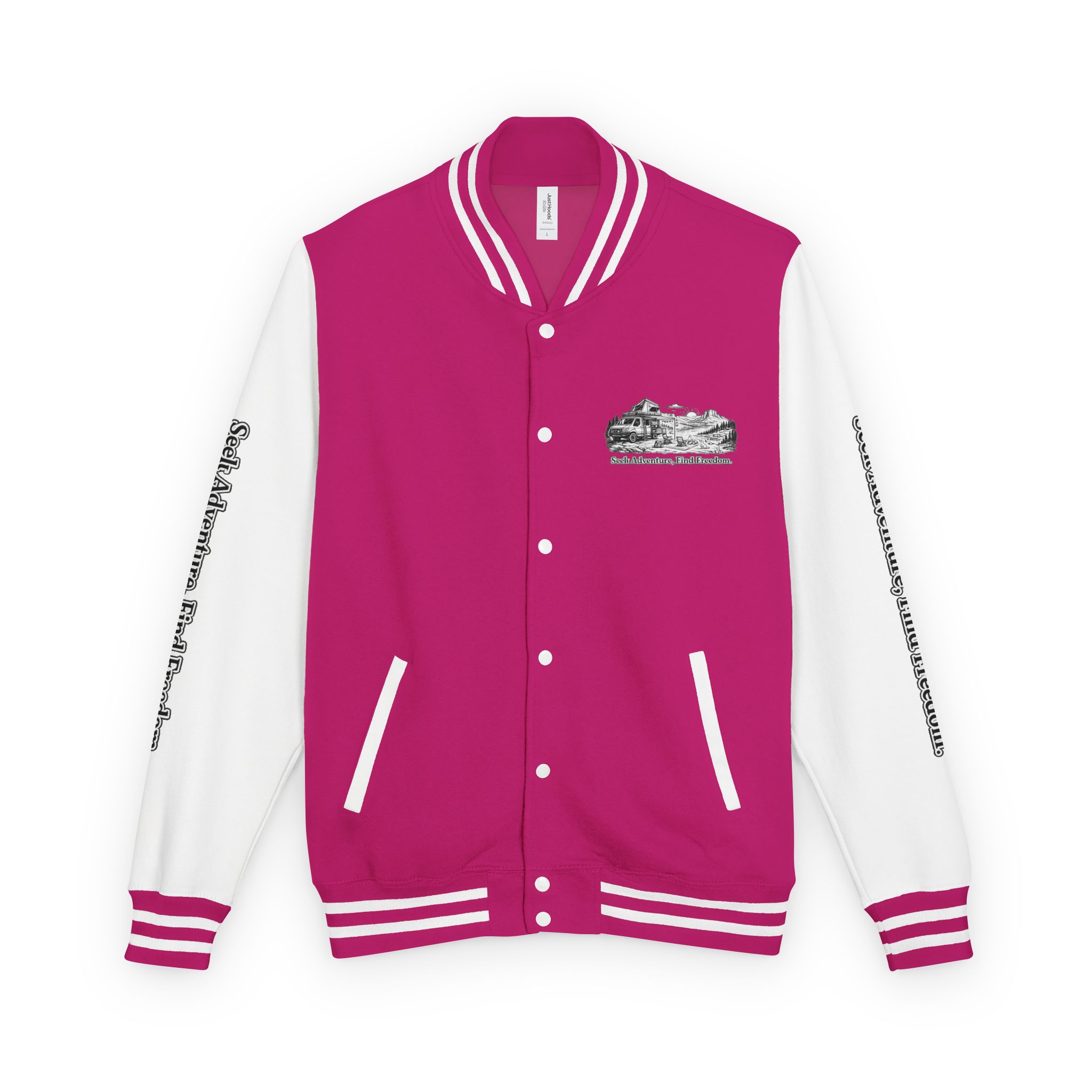 Unisex Heavyweight Letterman Jacket — "Seek Adventure, Find Freedom" Travel Varsity Coat