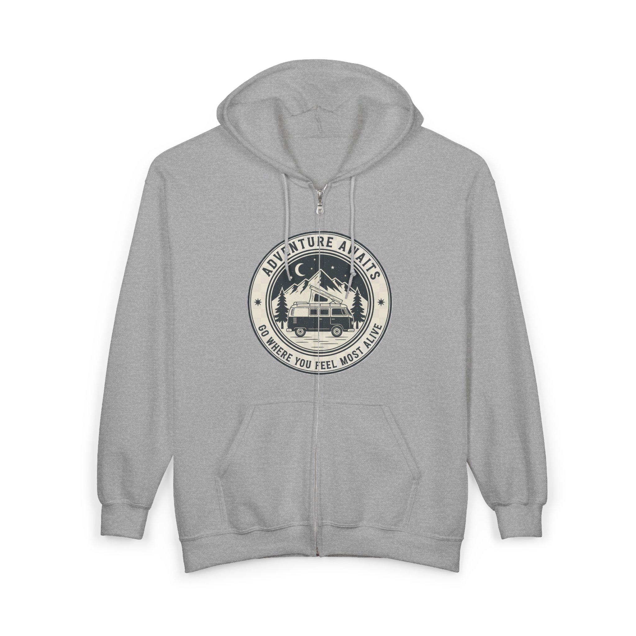 Zip Hoodie — "Adventure Awaits-Go Where You Feel Most Alive" (Front + Back Printed) Camper Van Adventure Zip-Up