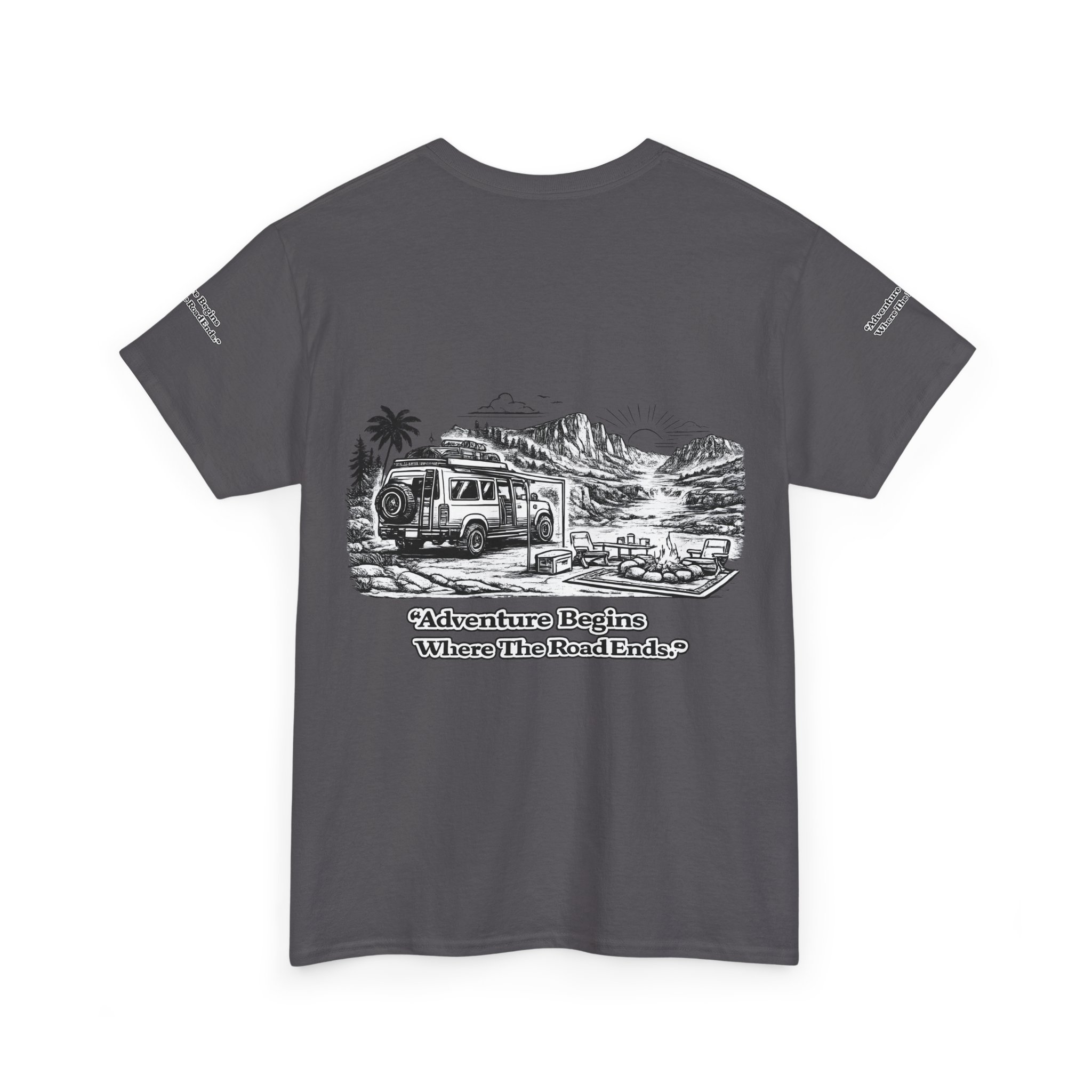 Unisex Heavy Cotton Tee — "Adventure Begins Where The Road Ends" Design Minimal-Line