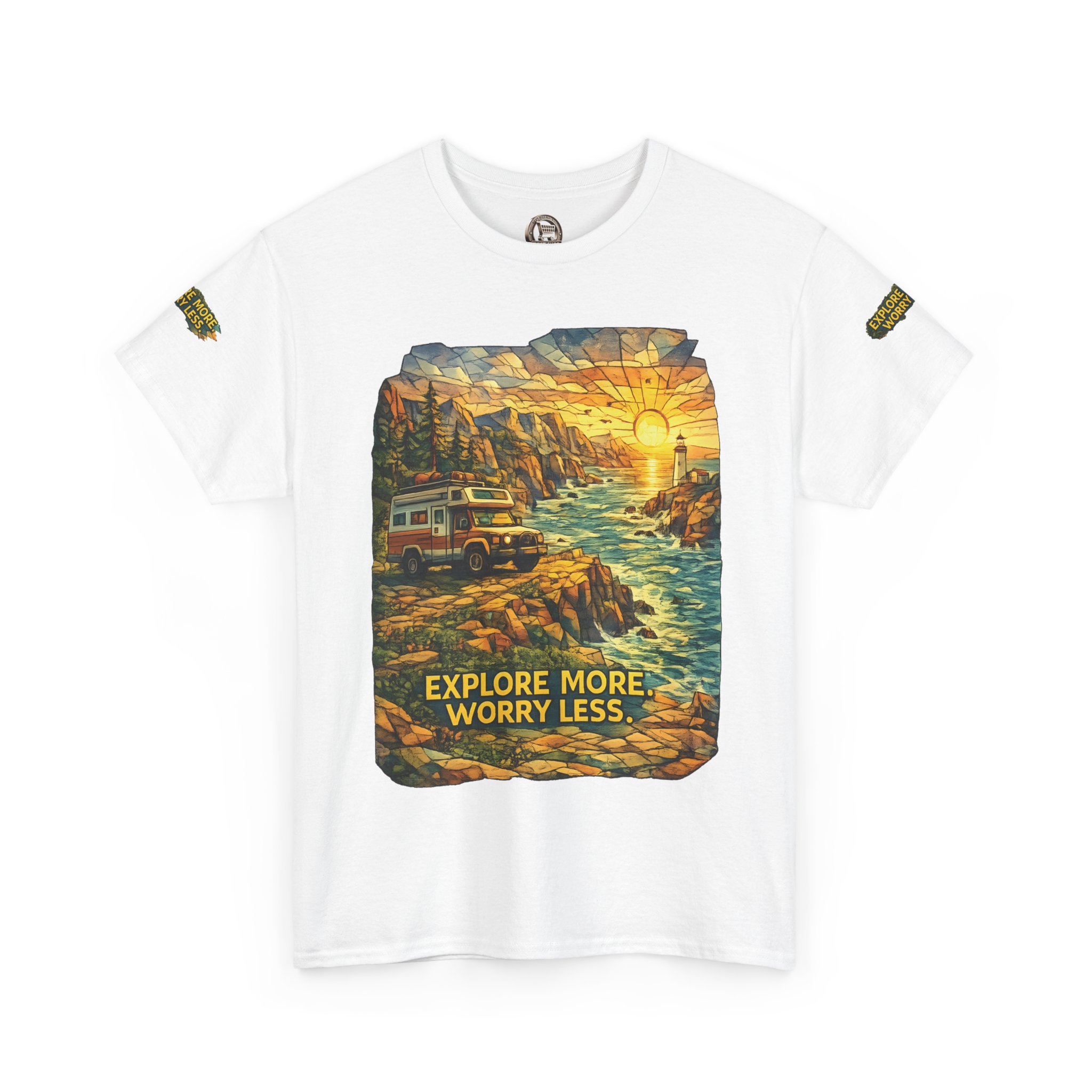 Unisex Heavy Cotton Tee — "Explore More Worry Less" Design Cubic-Line