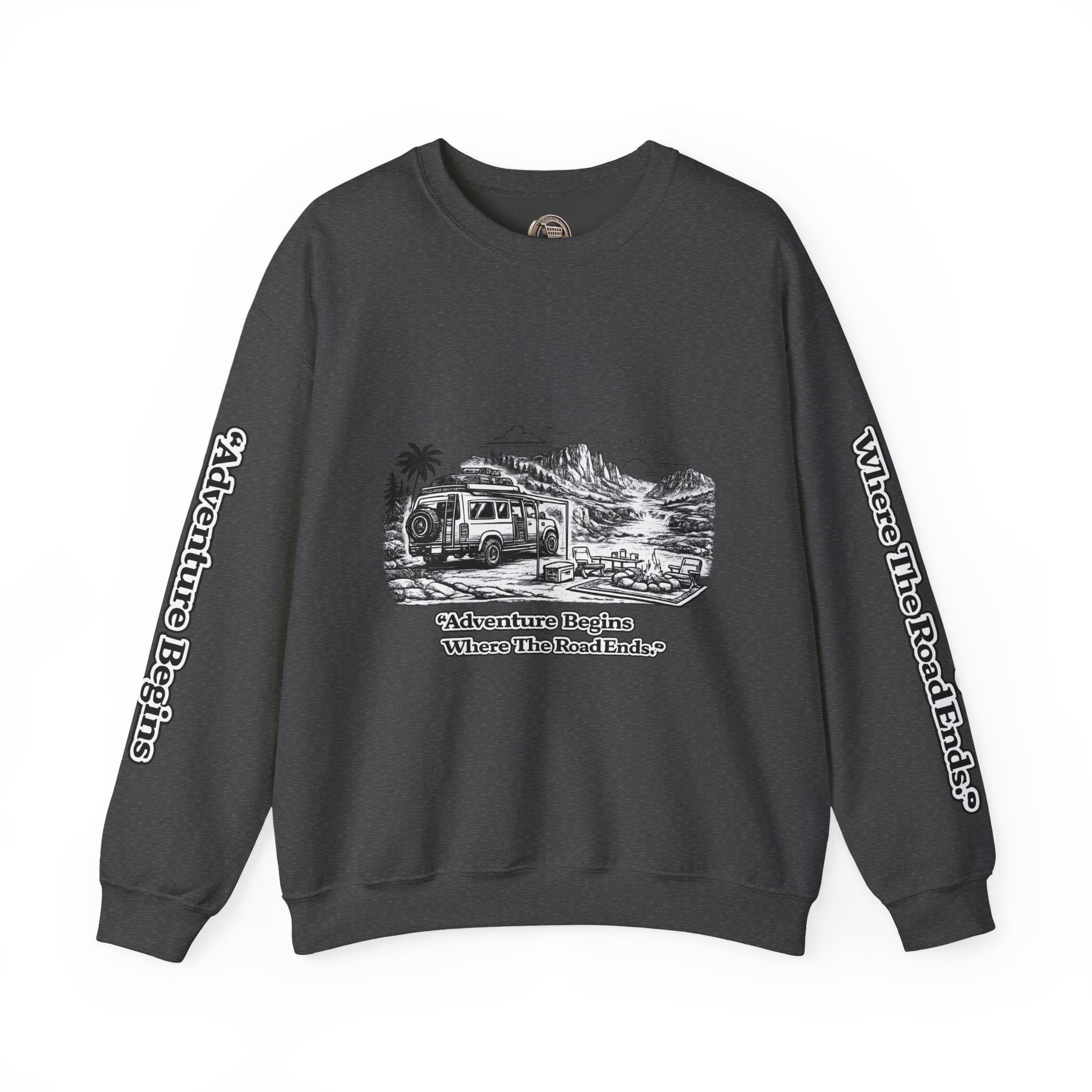 17528953937388815803_2048.jpeg Unisex Heavy Blend™ Crewneck Sweatshirt — "Adventure Begins Where The Road Ends" Design Minimal-Line