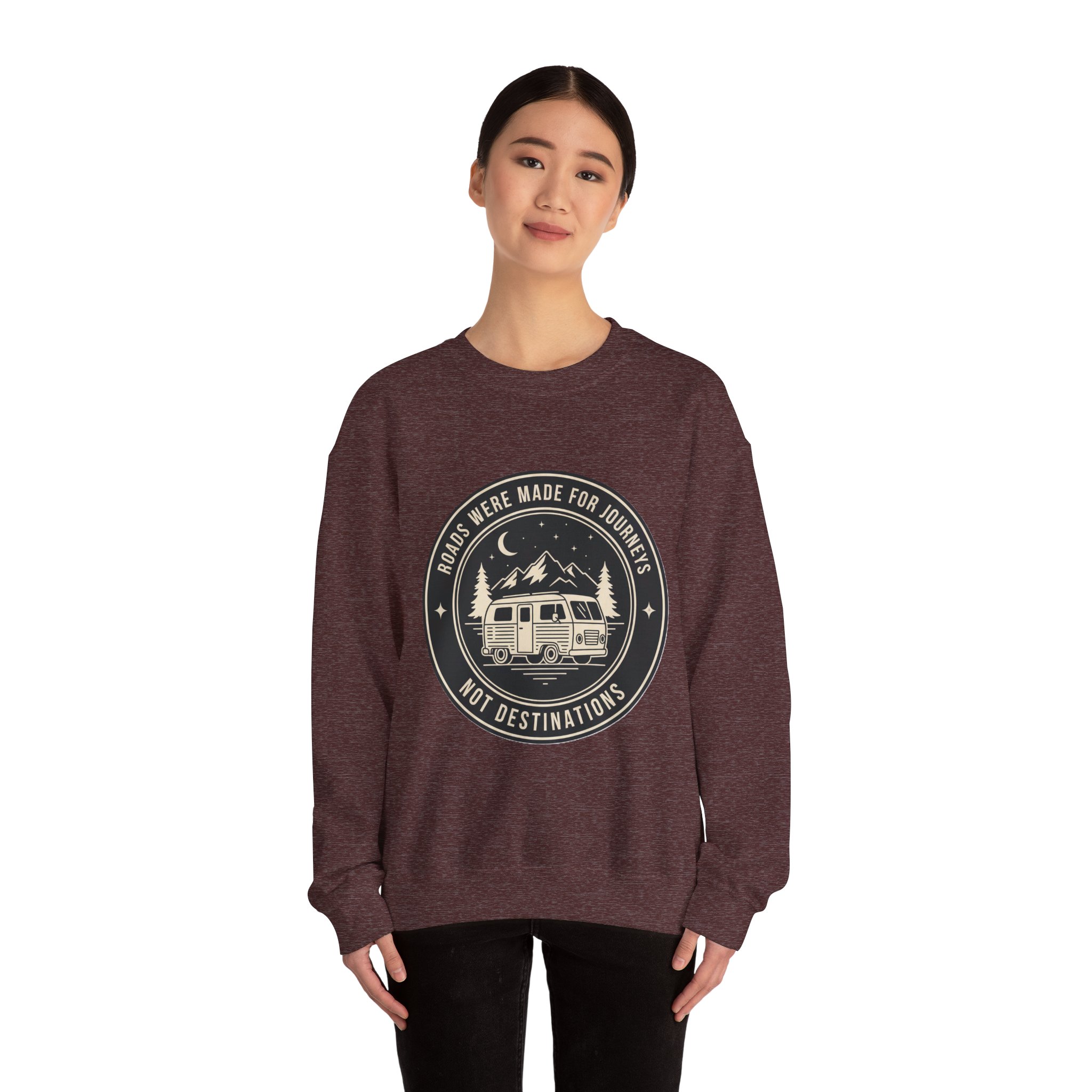 17537238988537901763_2048.jpeg Crewneck Sweatshirt — "ROAD WHERE MADE FOR JOURNEYS-NOT DESTINATIONS" (Ony Font printed) Vintage Camper Van Outdoor Graphic