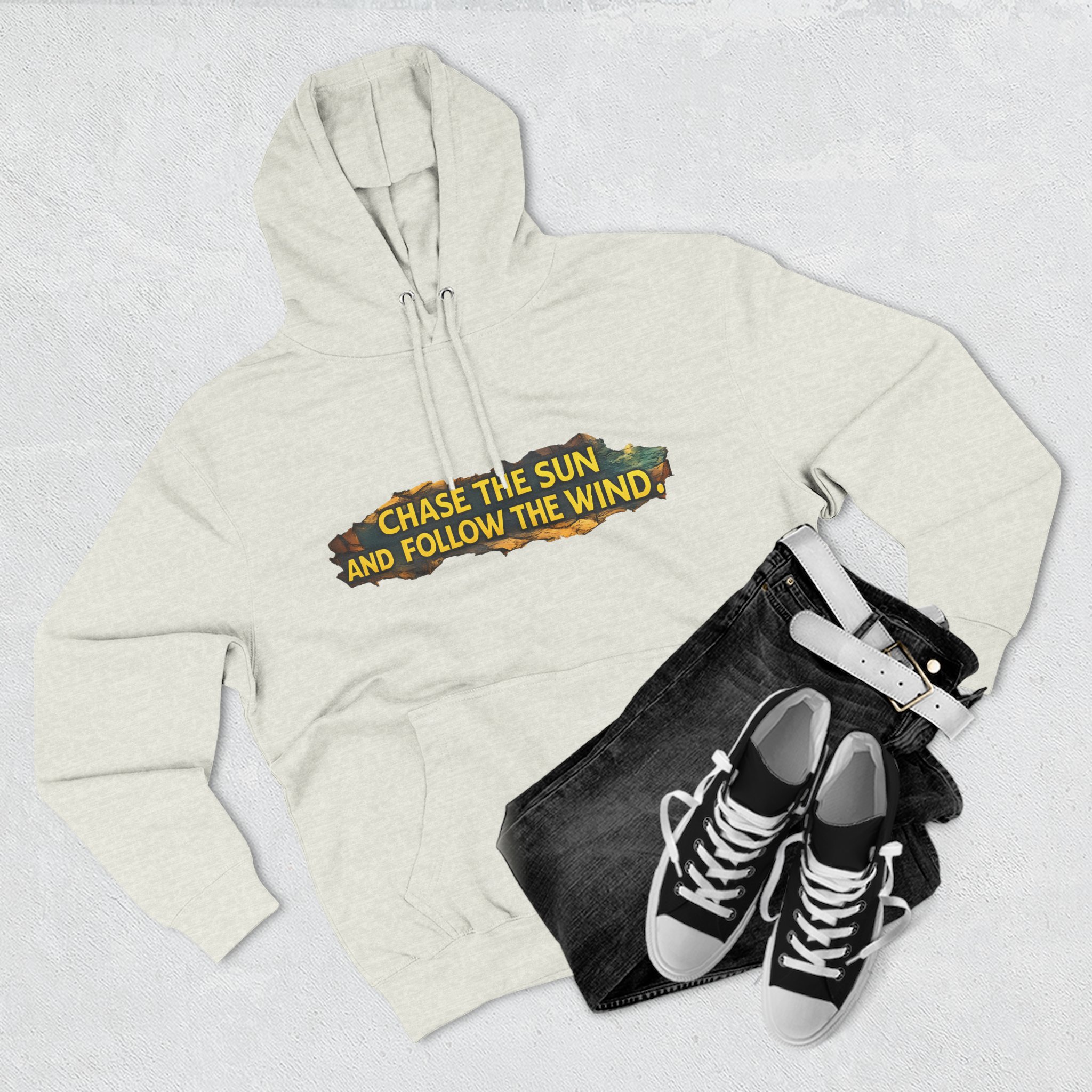 Three-Panel Fleece Hoodie - "Chase The Sun And Follow The Wind" Design Cubic-Line