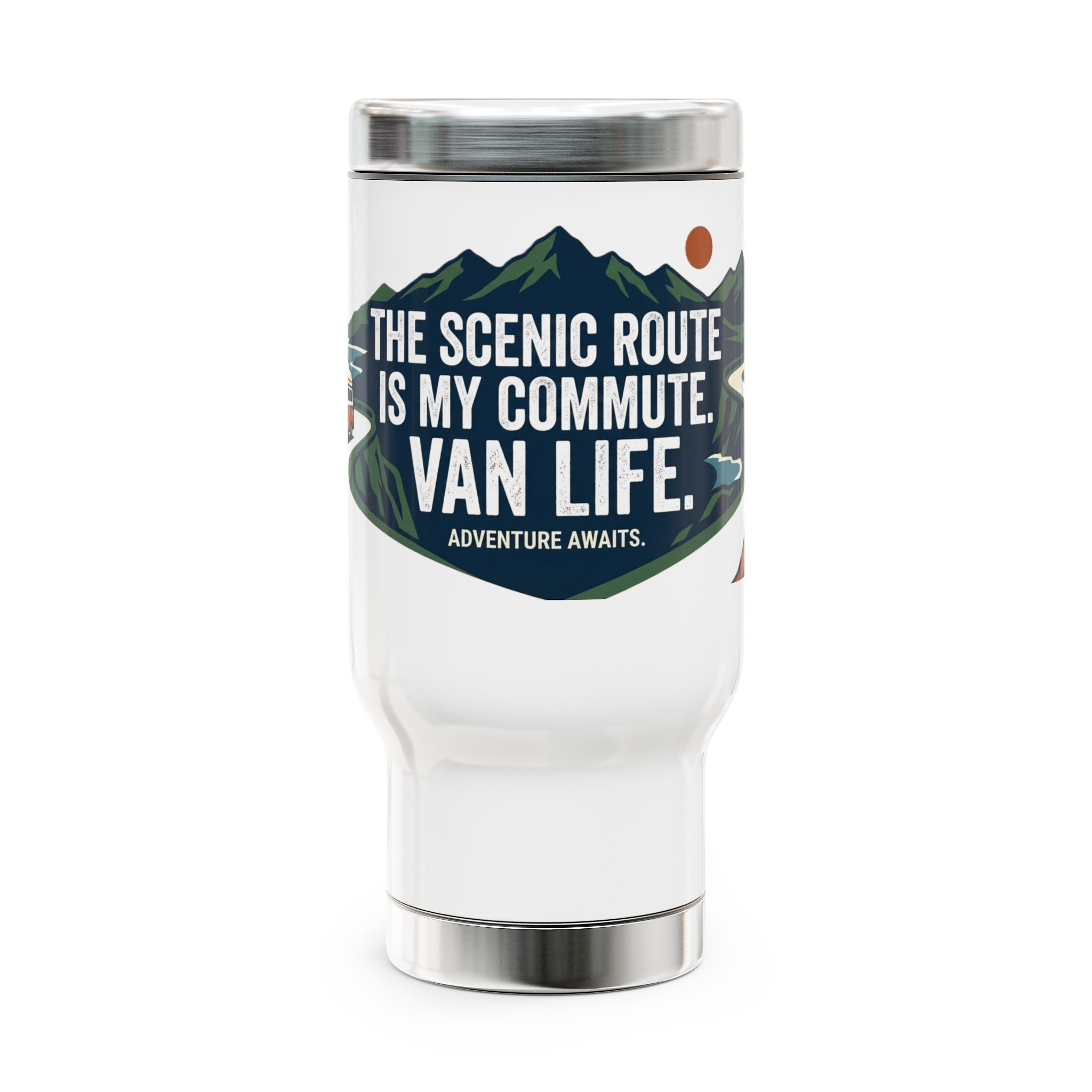Stainless Steel Travel Mug with Handle, 14oz — “The Scenic Route Is My Commute”