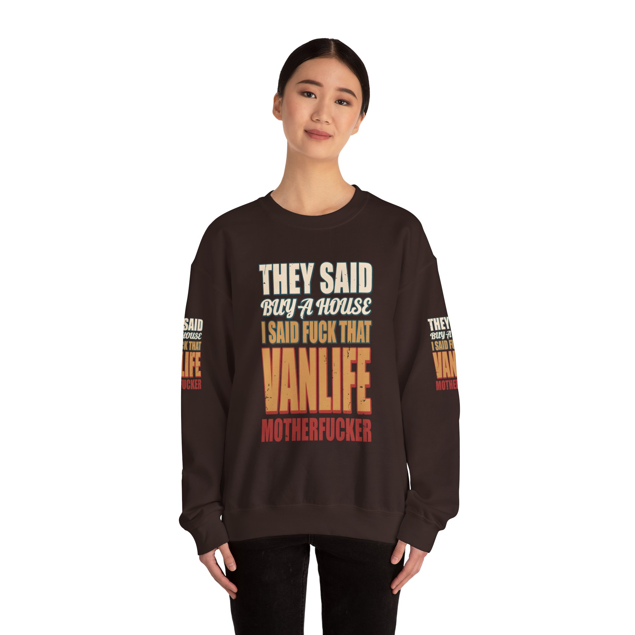 Unisex Heavy Blend™ Crewneck Sweatshirt — "They Said Buy A House" Design F**K-Line