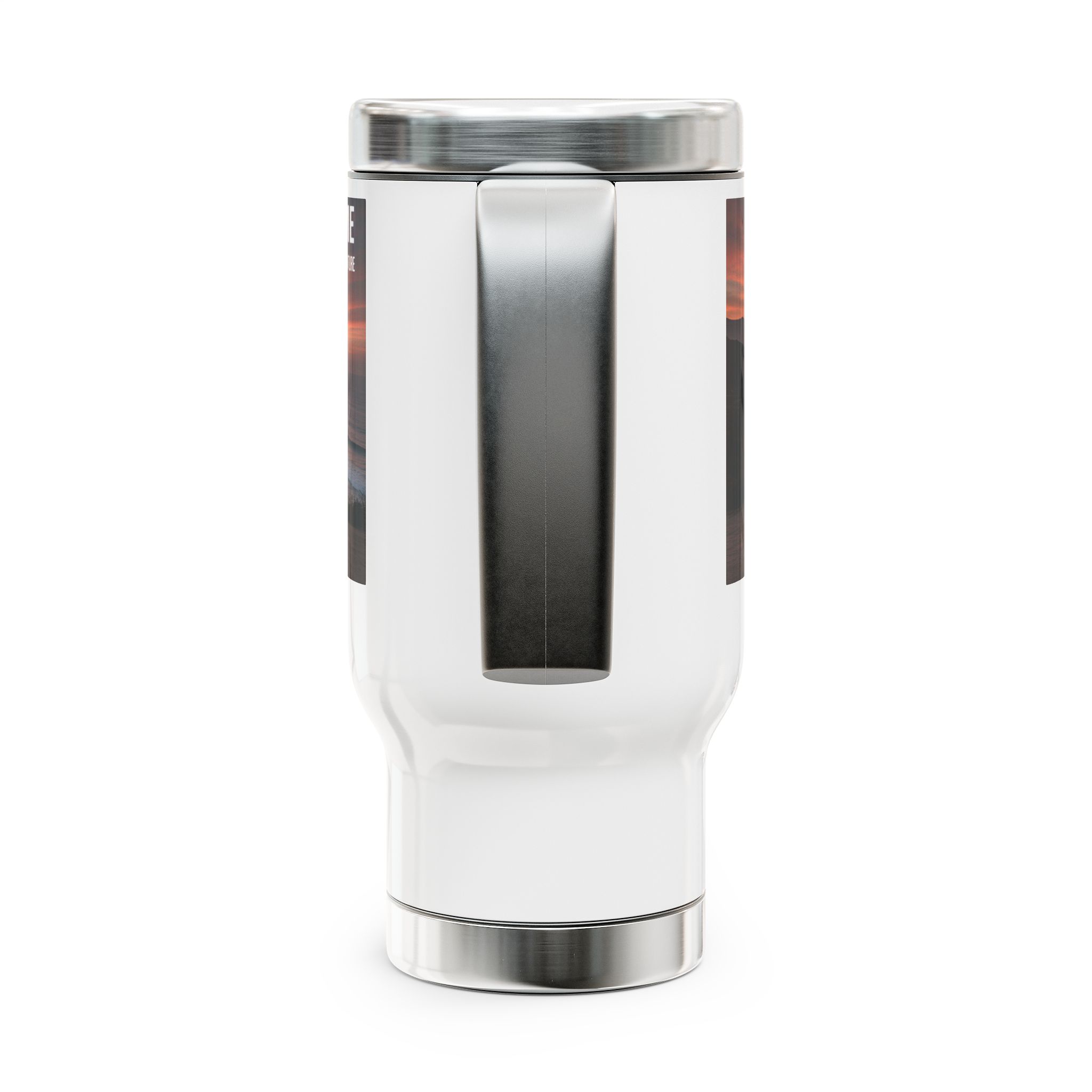 Stainless Steel Travel Mug with Handle, 14oz — "The Road is Life"