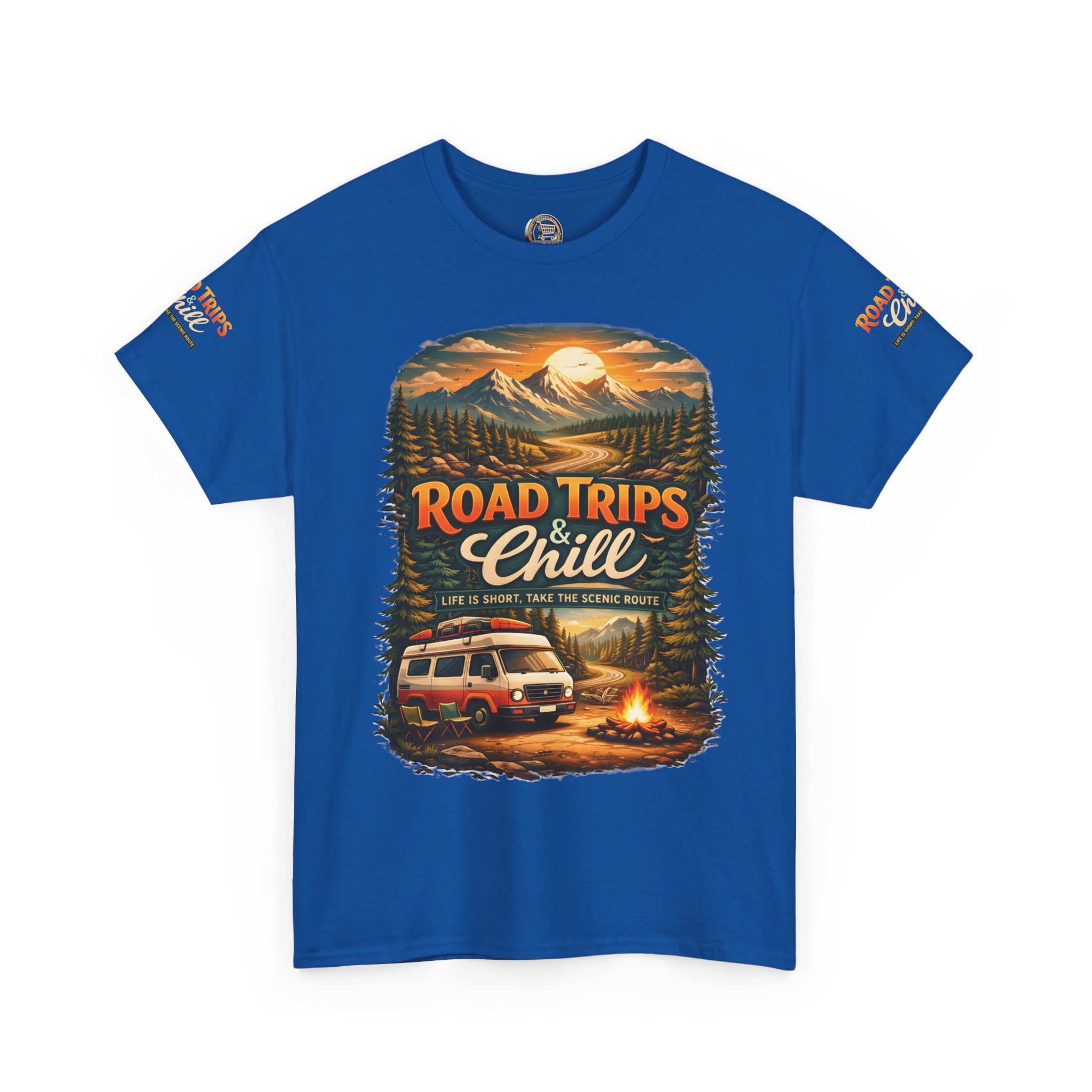 Unisex Heavy Cotton Tee — "Road Trips & Chill" Design Scenic-Line