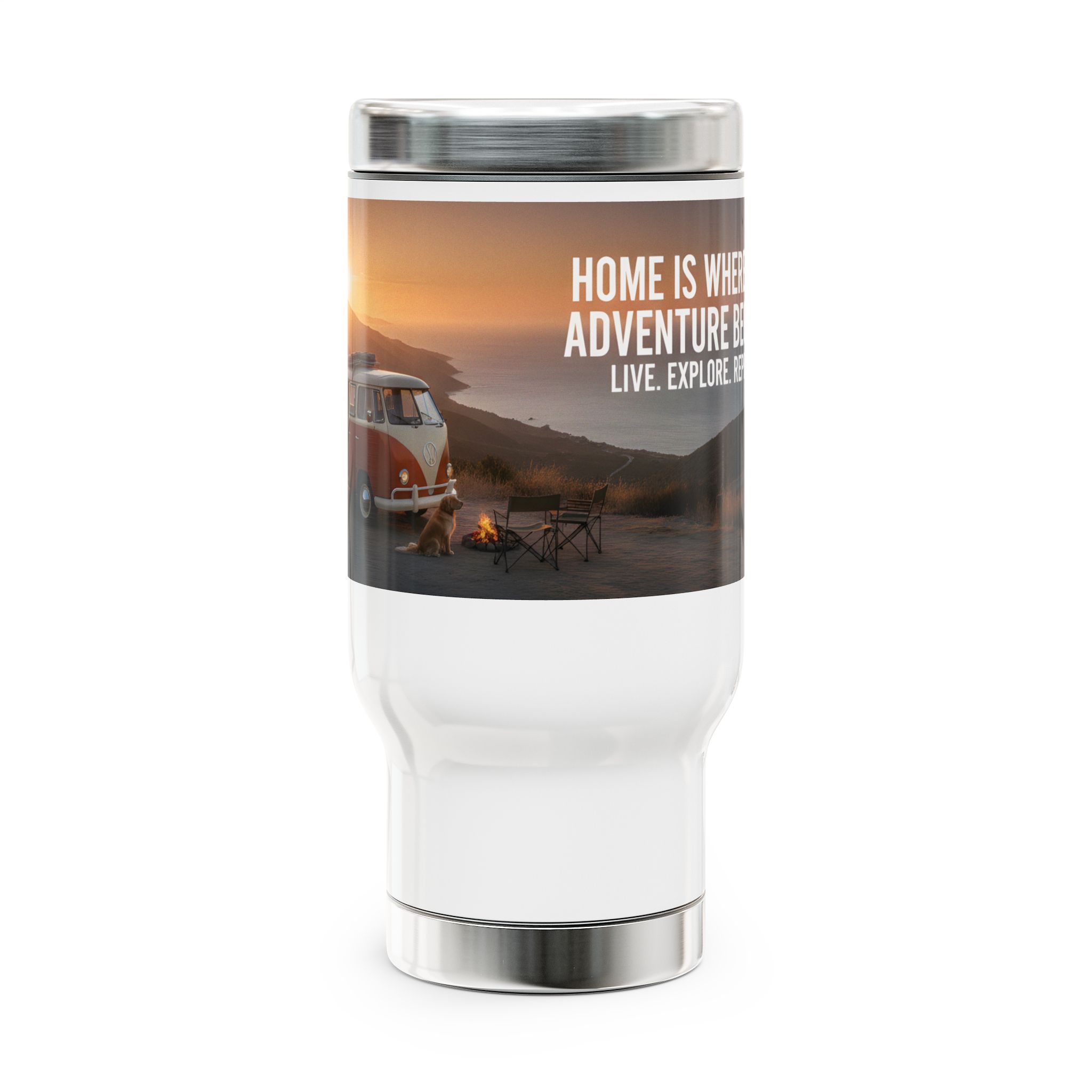 Stainless Steel Travel Mug with Handle, 14oz – "Home Is Where The Adventure Is"