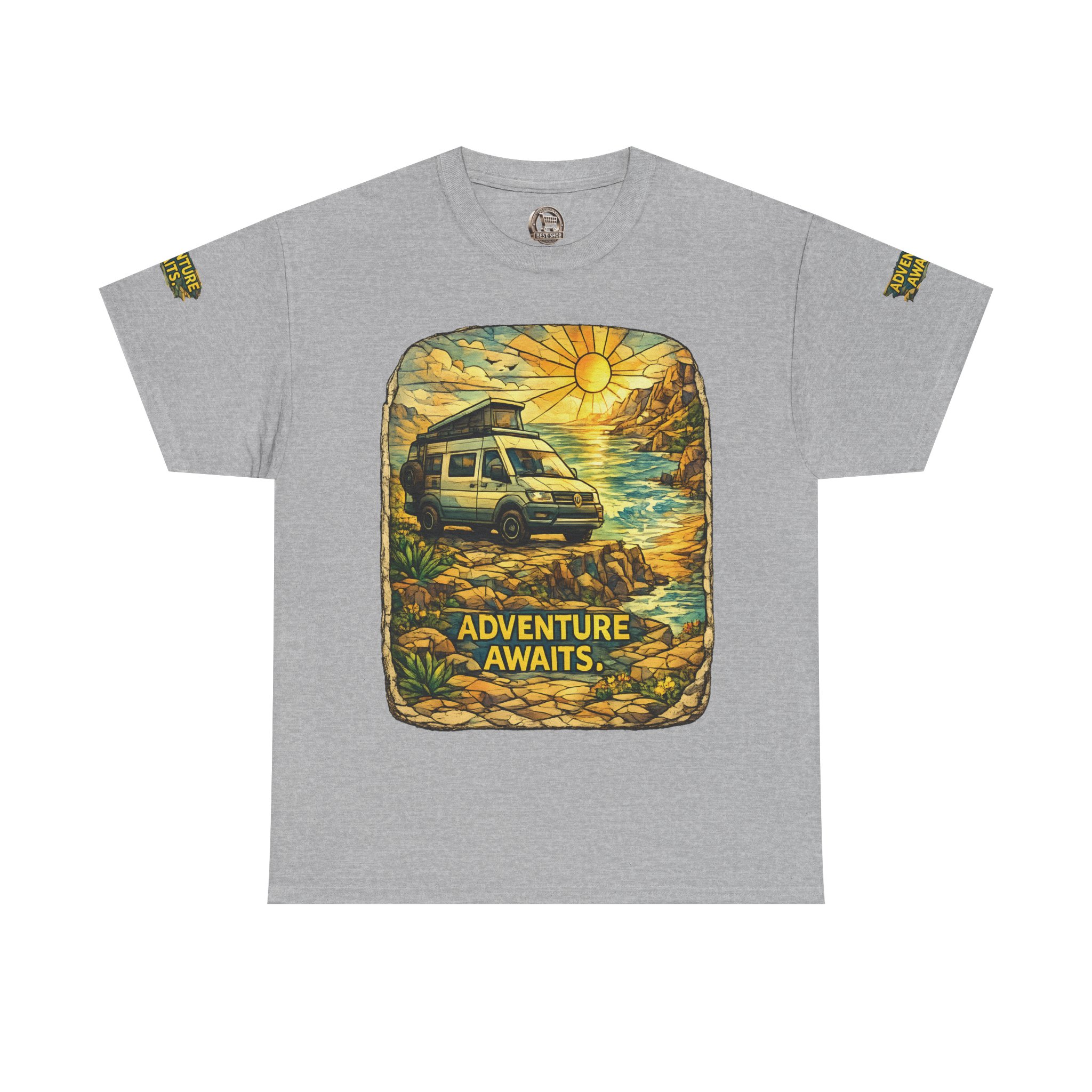 Unisex Heavy Cotton Tee — "Adventure Awaits" Design Cubic-Line