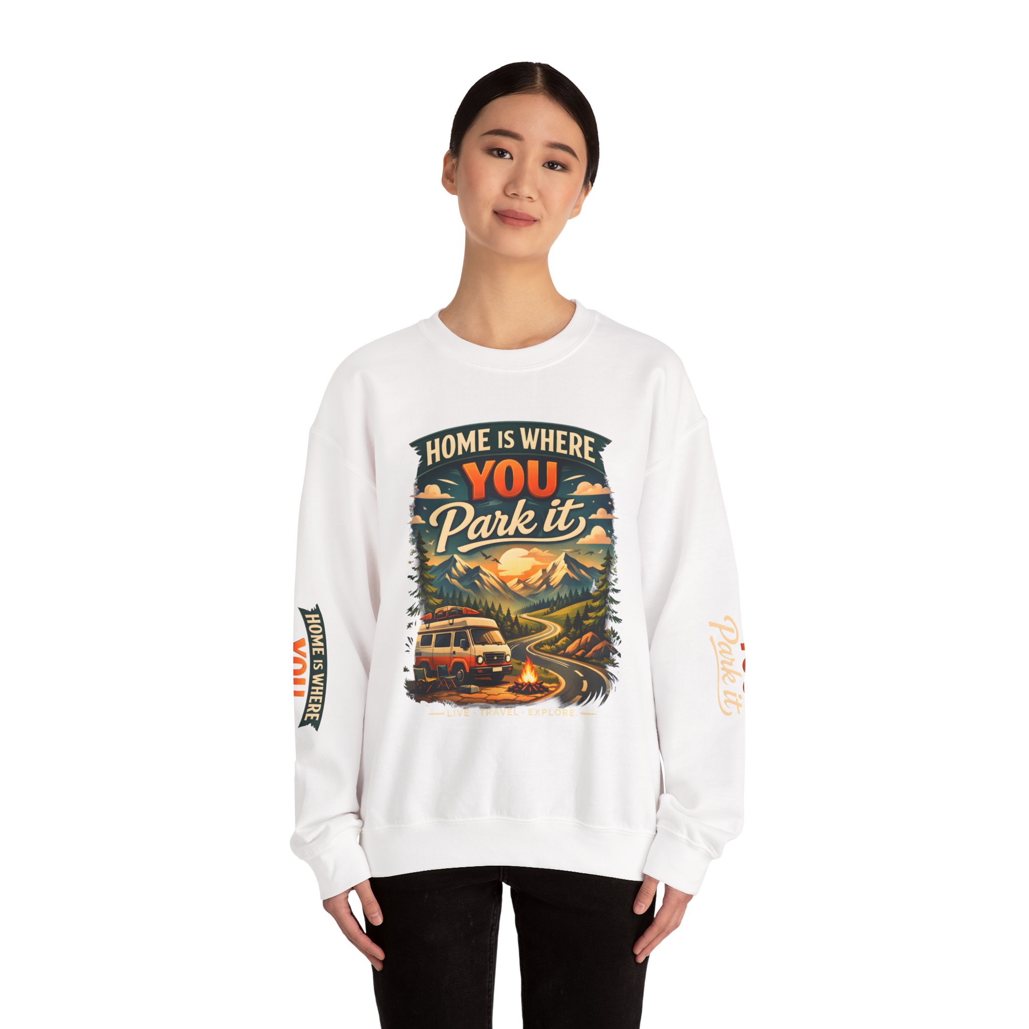 Unisex Heavy Blend™ Crewneck Sweatshirt — "Home Is Where You Park It" Design Scenic-Line