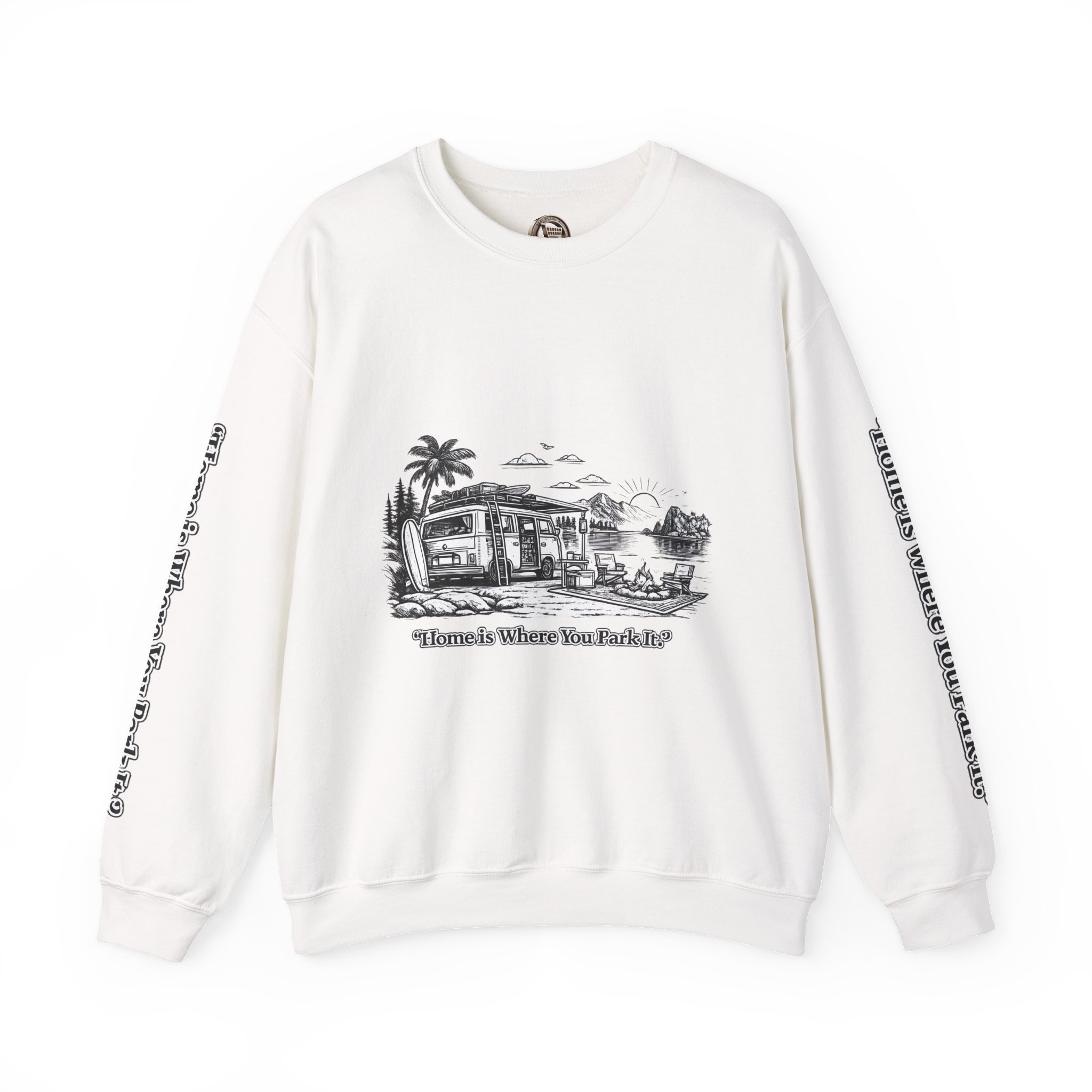 Unisex Heavy Blend™ Crewneck Sweatshirt — "Home Is Where You Park It" Design Minimal-Line